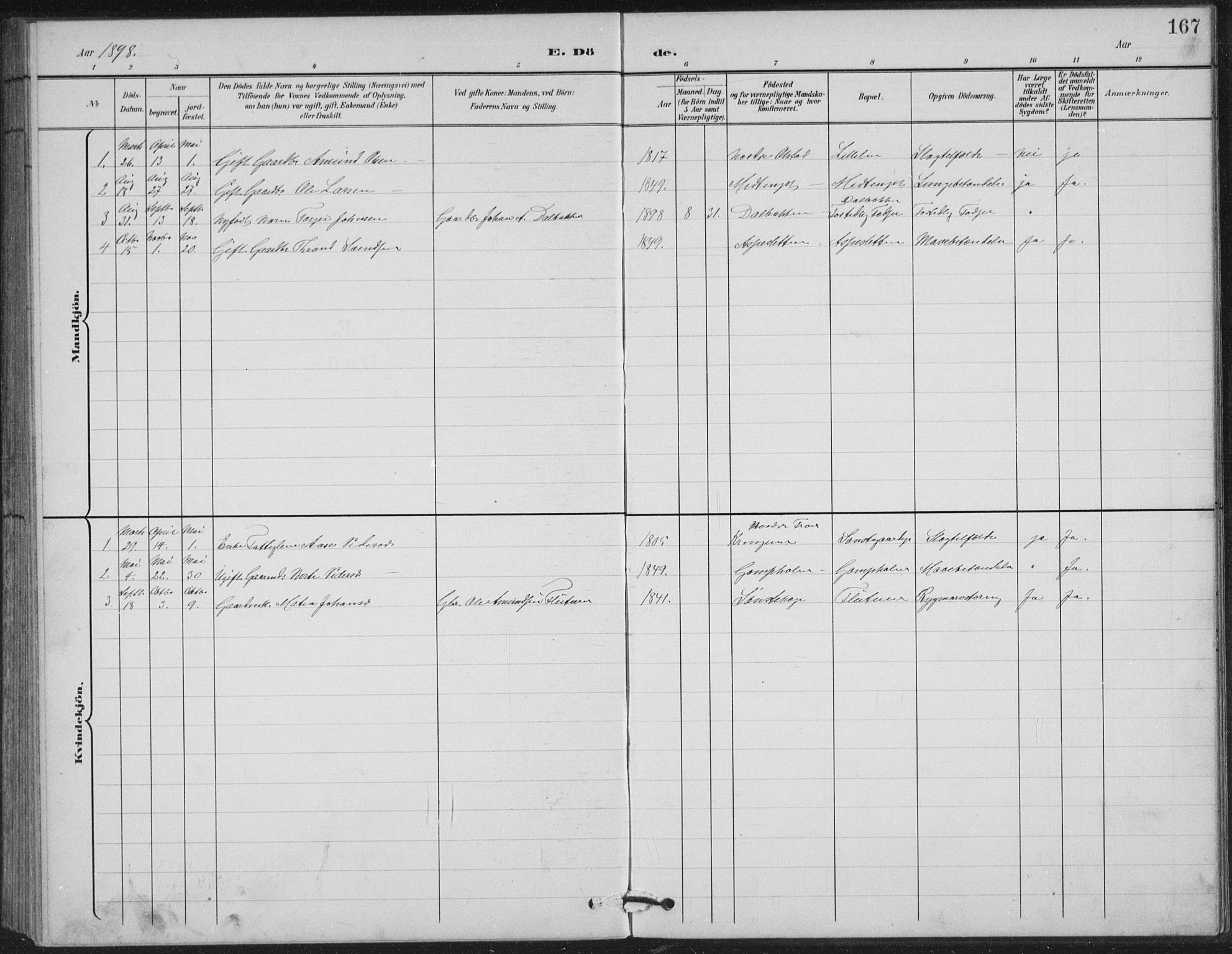 Vestre Gausdal prestekontor, SAH/PREST-094/H/Ha/Hab/L0004: Parish register (copy) no. 4, 1898-1939, p. 167