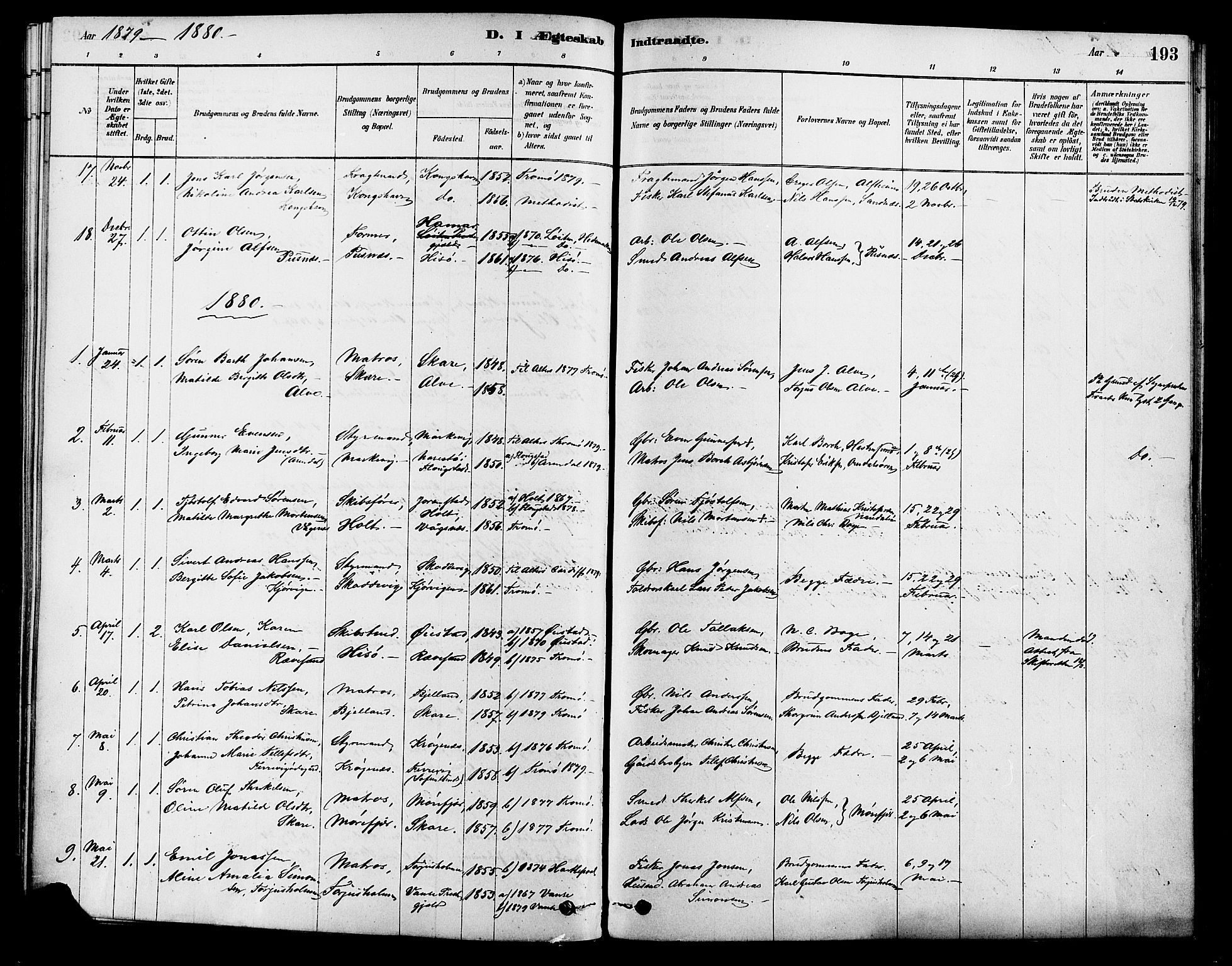 Tromøy sokneprestkontor, AV/SAK-1111-0041/F/Fa/L0009: Parish register (official) no. A 9, 1878-1896, p. 193