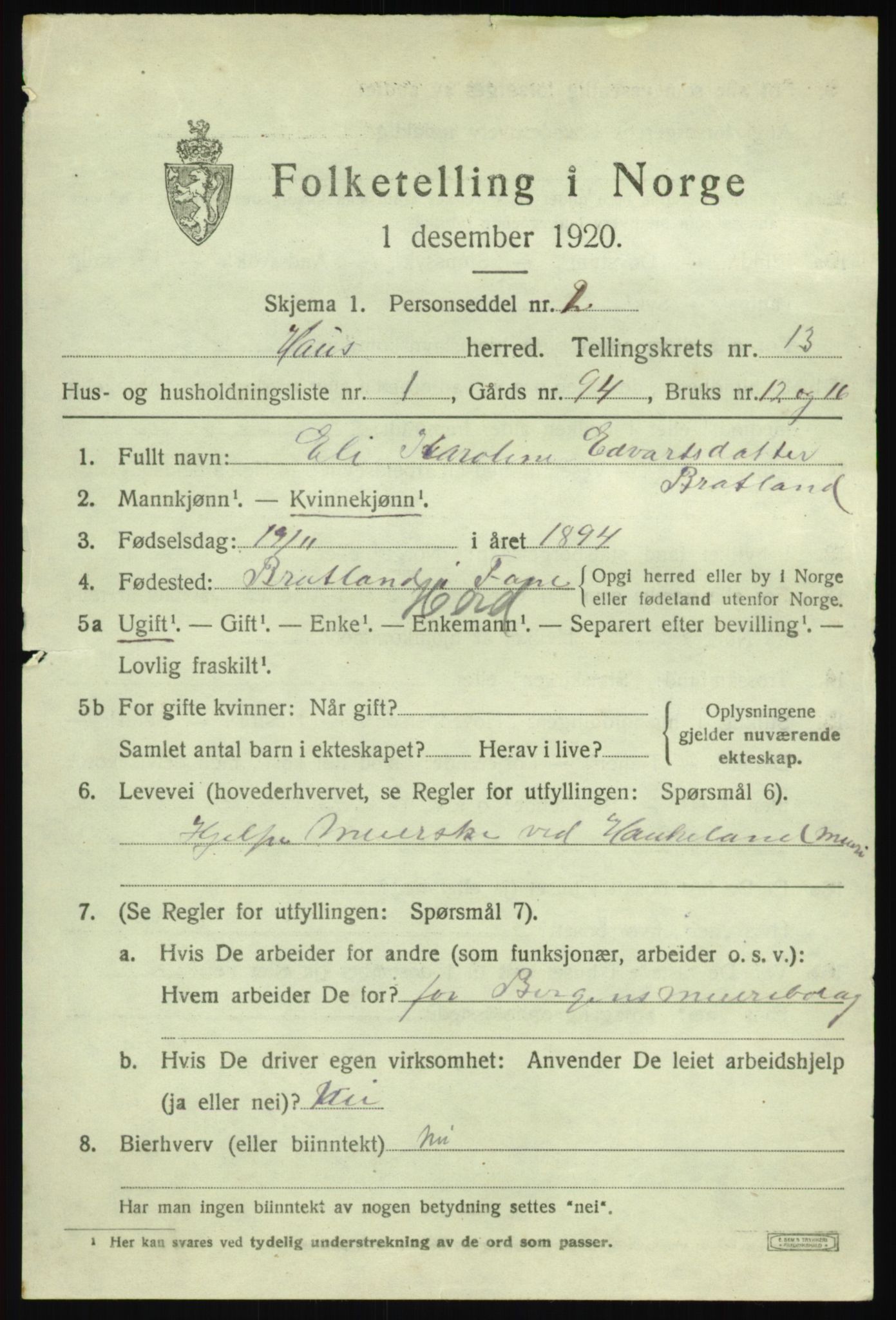 SAB, 1920 census for Haus, 1920, p. 7949