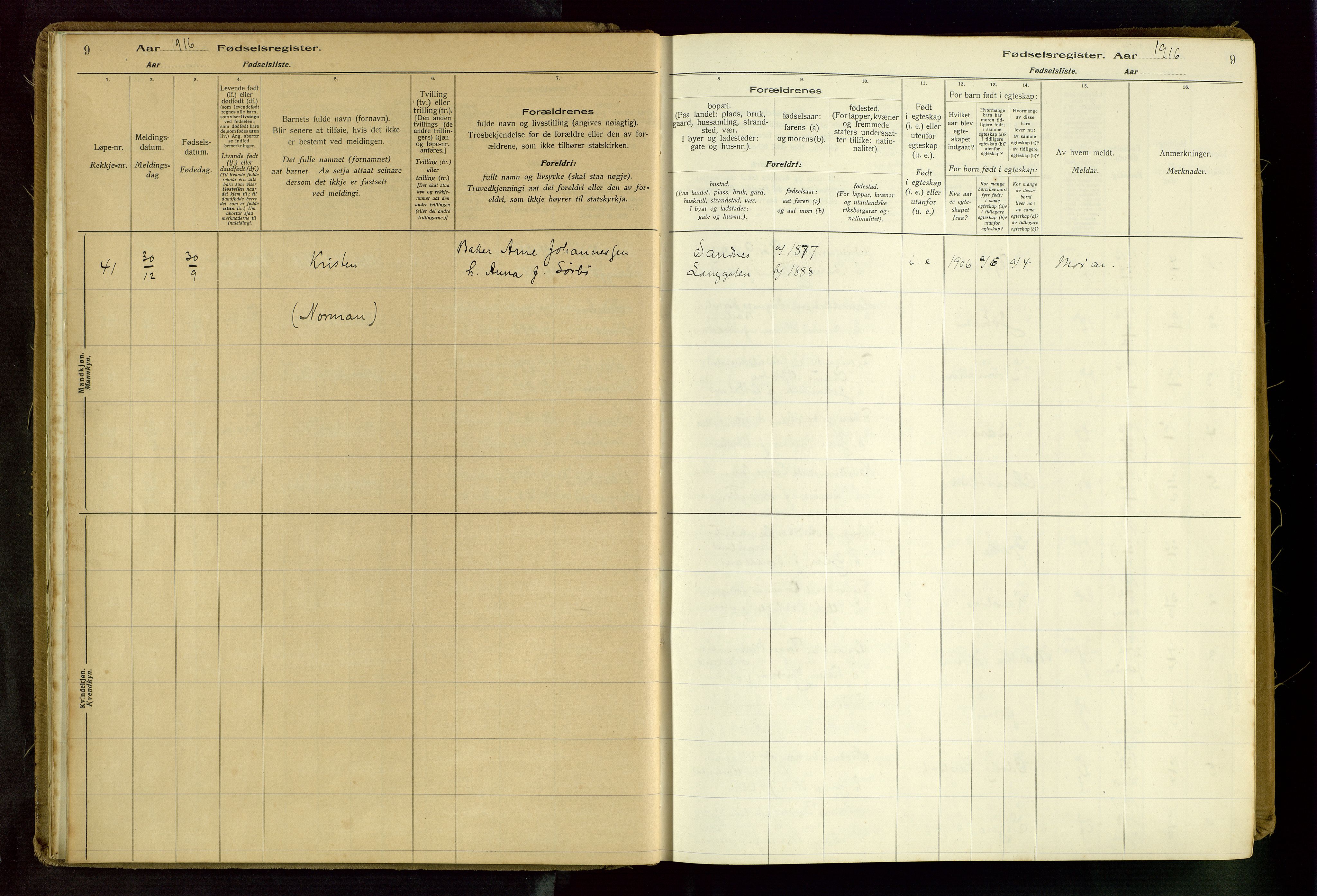 Sandnes sokneprestkontor, SAST/A-101800/704BA/L0001: Birth register no. 1, 1916-1942, p. 9