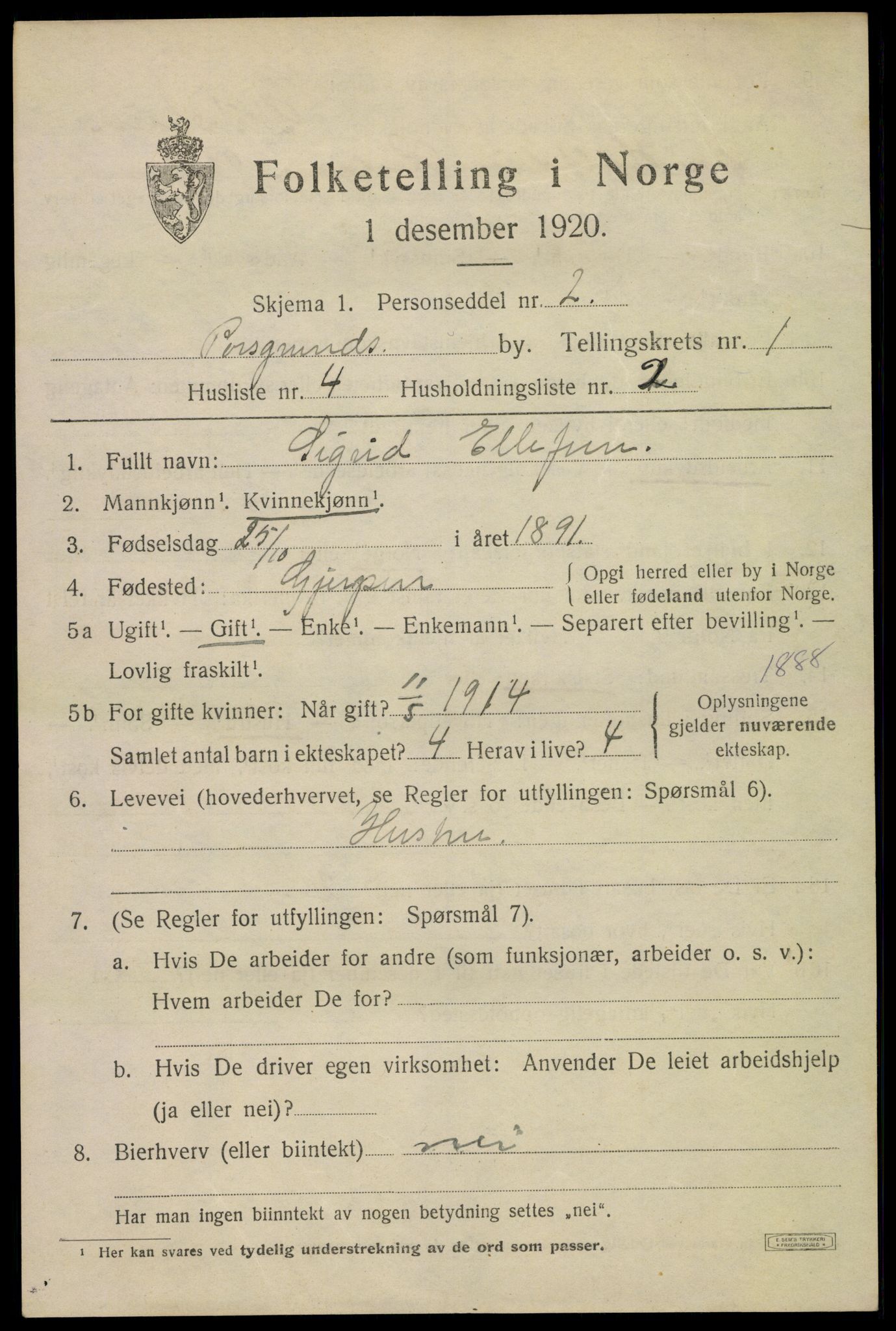 SAKO, 1920 census for Porsgrunn, 1920, p. 7141