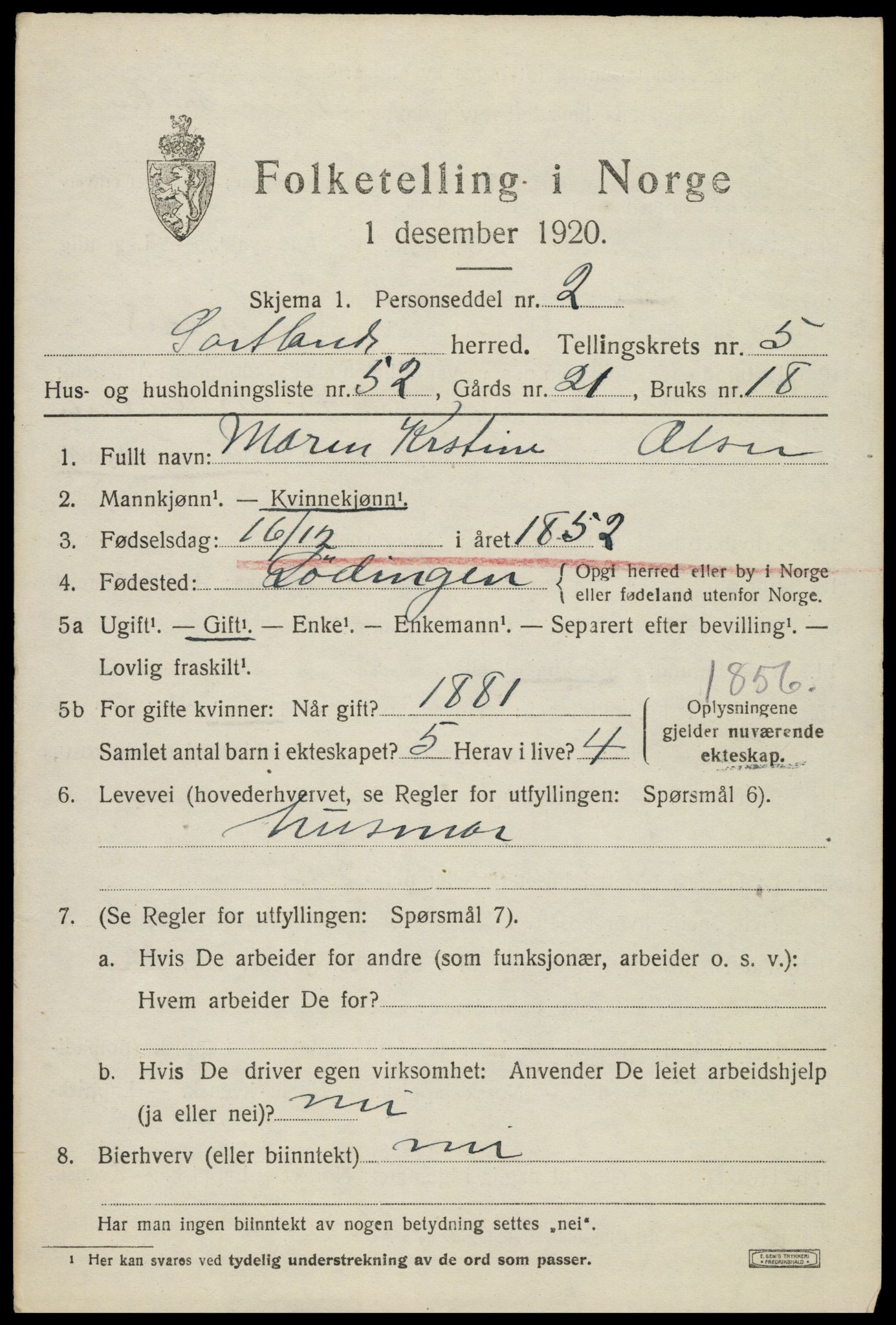 SAT, 1920 census for Sortland, 1920, p. 6218