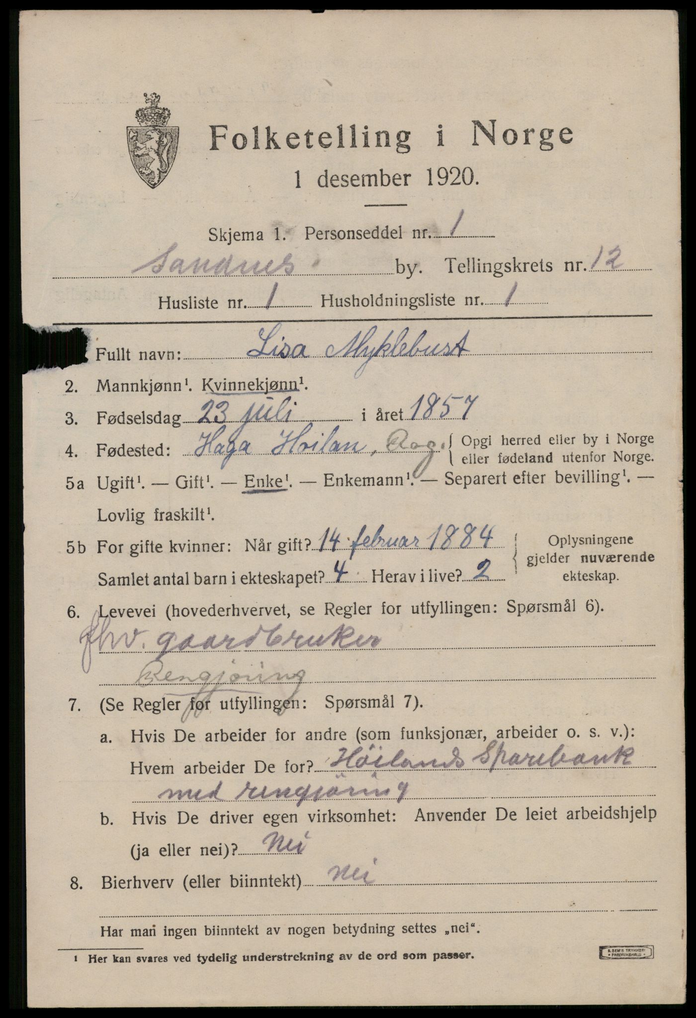 SAST, 1920 census for Sandnes, 1920, p. 7634