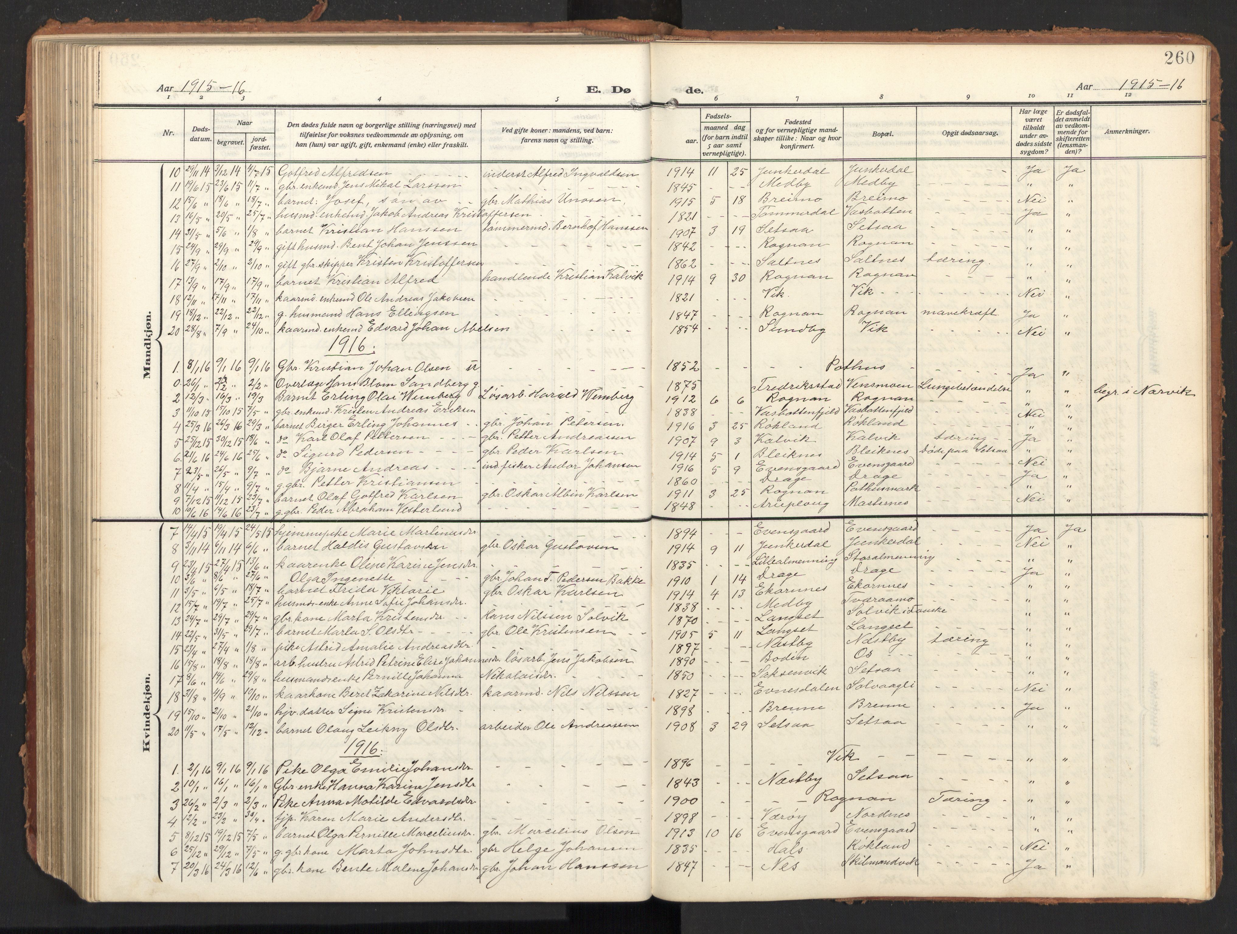 Ministerialprotokoller, klokkerbøker og fødselsregistre - Nordland, AV/SAT-A-1459/847/L0683: Parish register (copy) no. 847C11, 1908-1929, p. 260