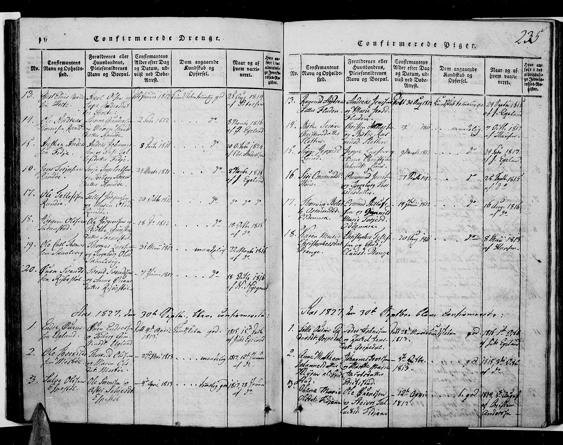 Oddernes sokneprestkontor, SAK/1111-0033/F/Fb/Fba/L0003: Parish register (copy) no. B 3, 1820-1838, p. 235