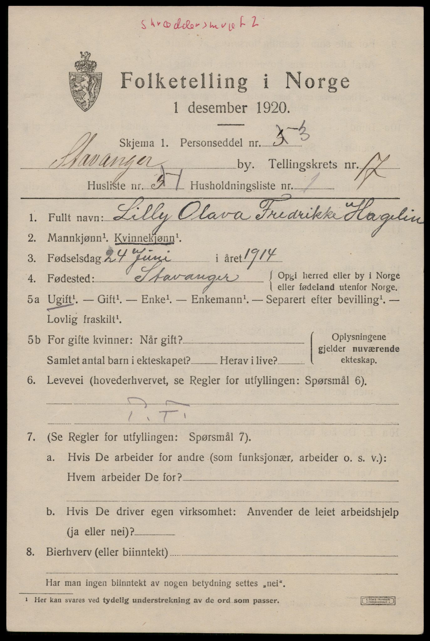 SAST, 1920 census for Stavanger, 1920, p. 65226