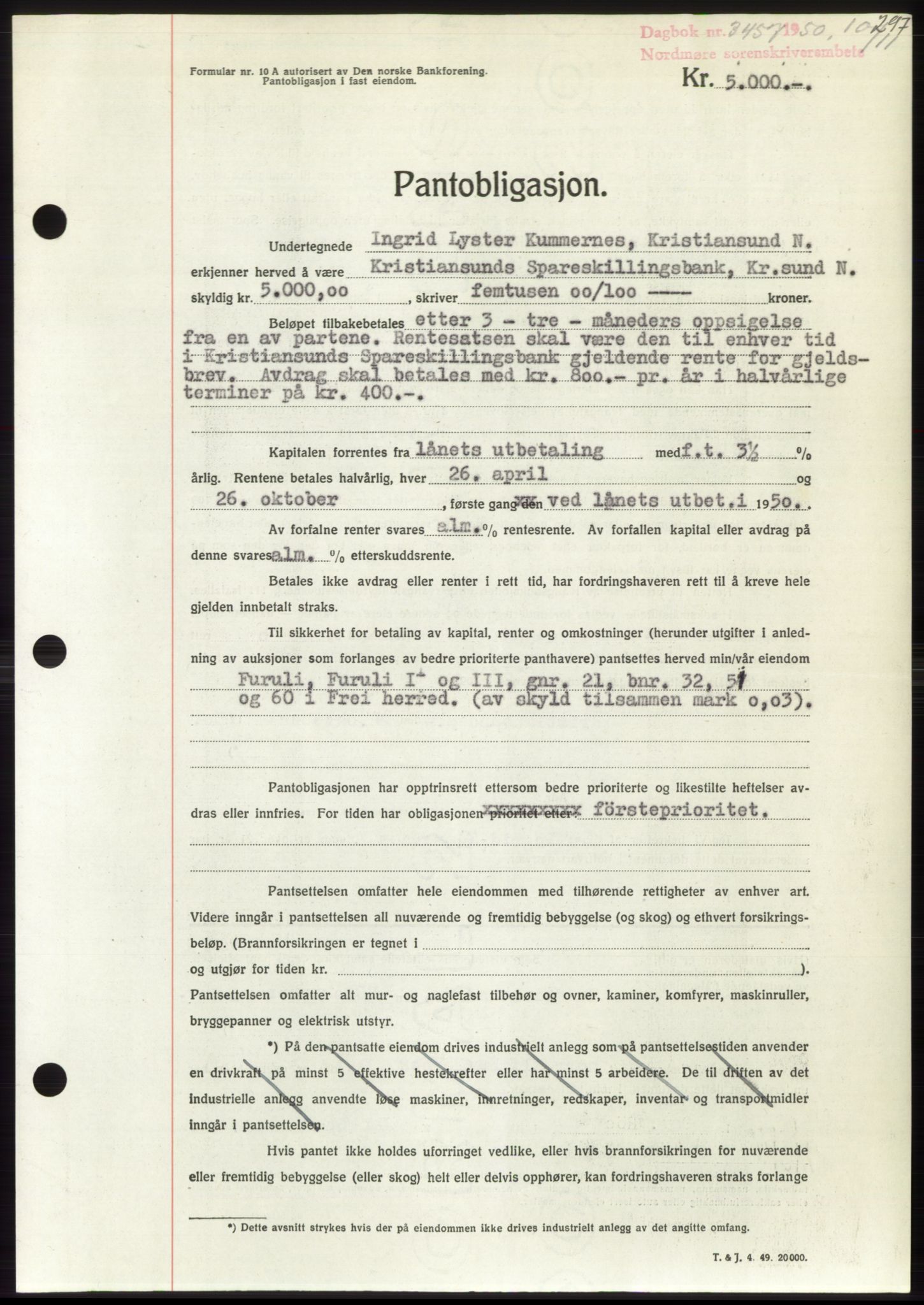 Nordmøre sorenskriveri, AV/SAT-A-4132/1/2/2Ca: Mortgage book no. B106, 1950-1950, Diary no: : 3457/1950