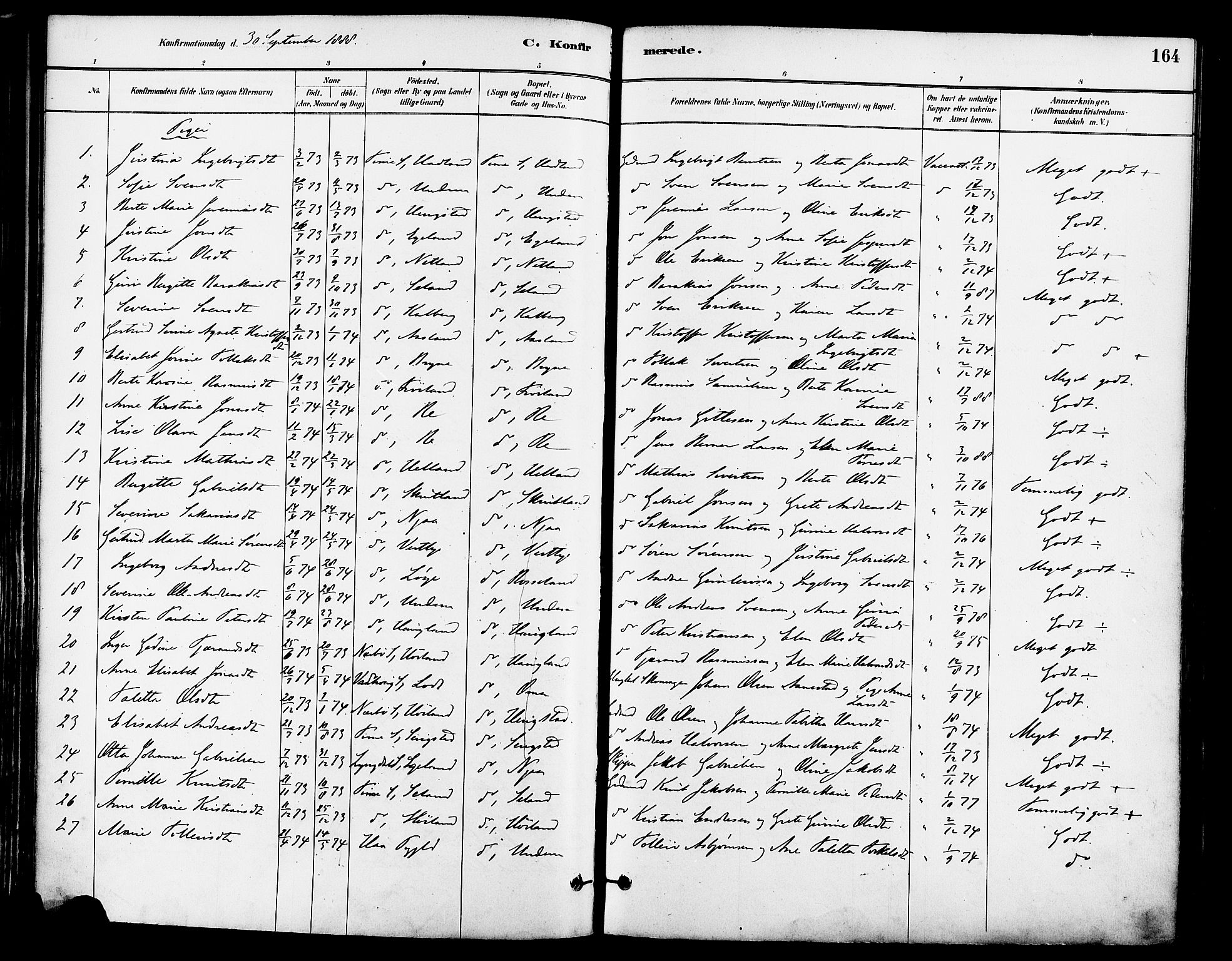 Lye sokneprestkontor, AV/SAST-A-101794/001/30BA/L0009: Parish register (official) no. A 8, 1881-1892, p. 164