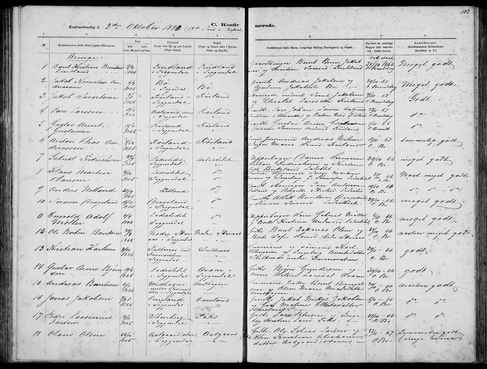 Sokndal sokneprestkontor, SAST/A-101808: Parish register (copy) no. B 4, 1880-1891, p. 103