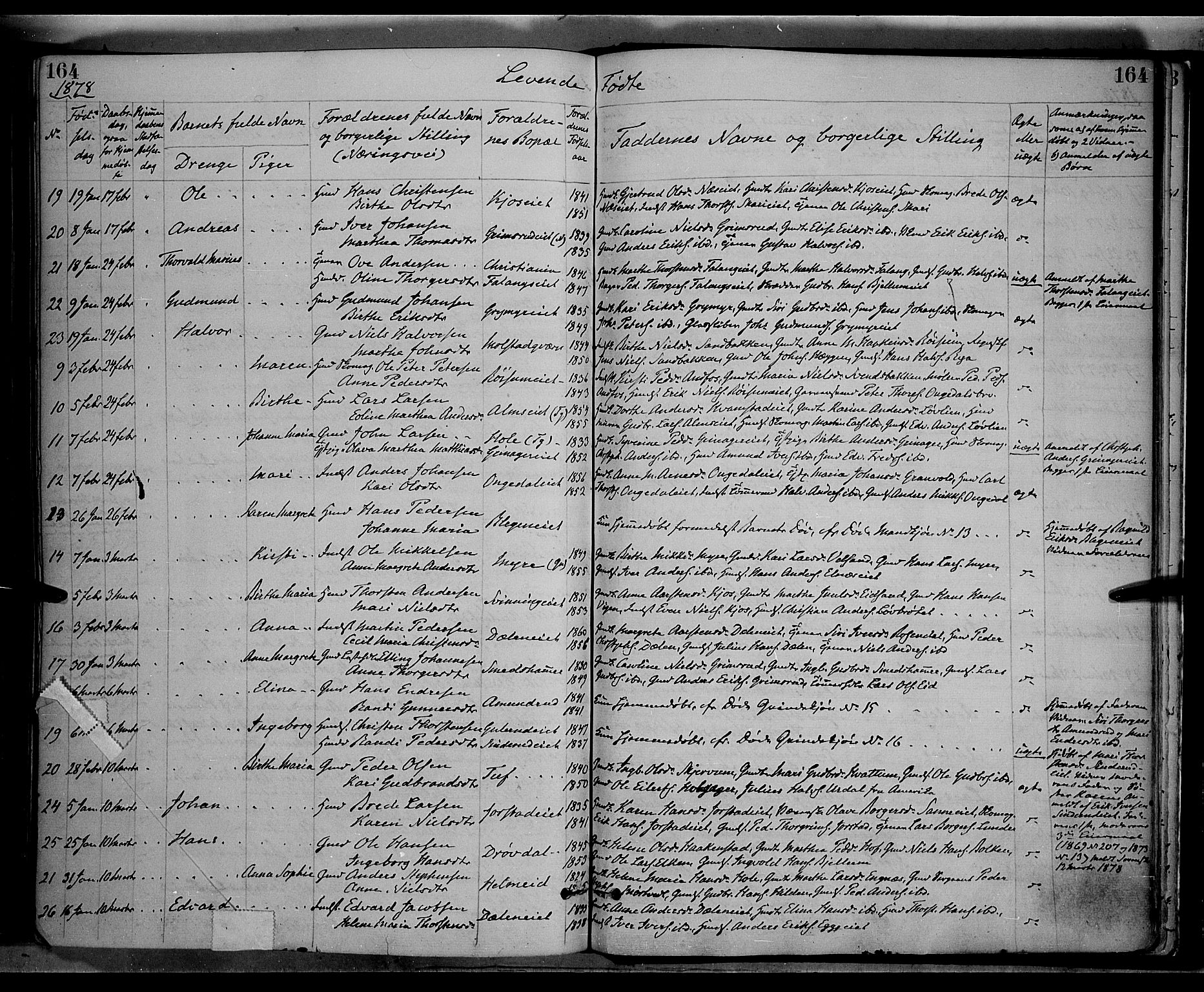 Gran prestekontor, SAH/PREST-112/H/Ha/Haa/L0013: Parish register (official) no. 13, 1875-1879, p. 164