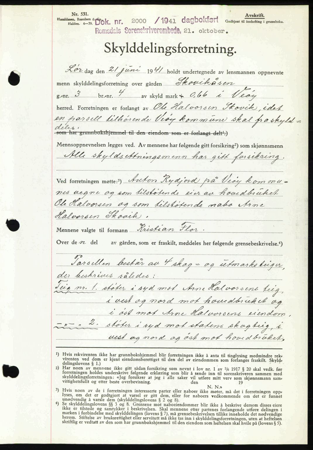 Romsdal sorenskriveri, AV/SAT-A-4149/1/2/2C: Mortgage book no. A11, 1941-1942, Diary no: : 2000/1941