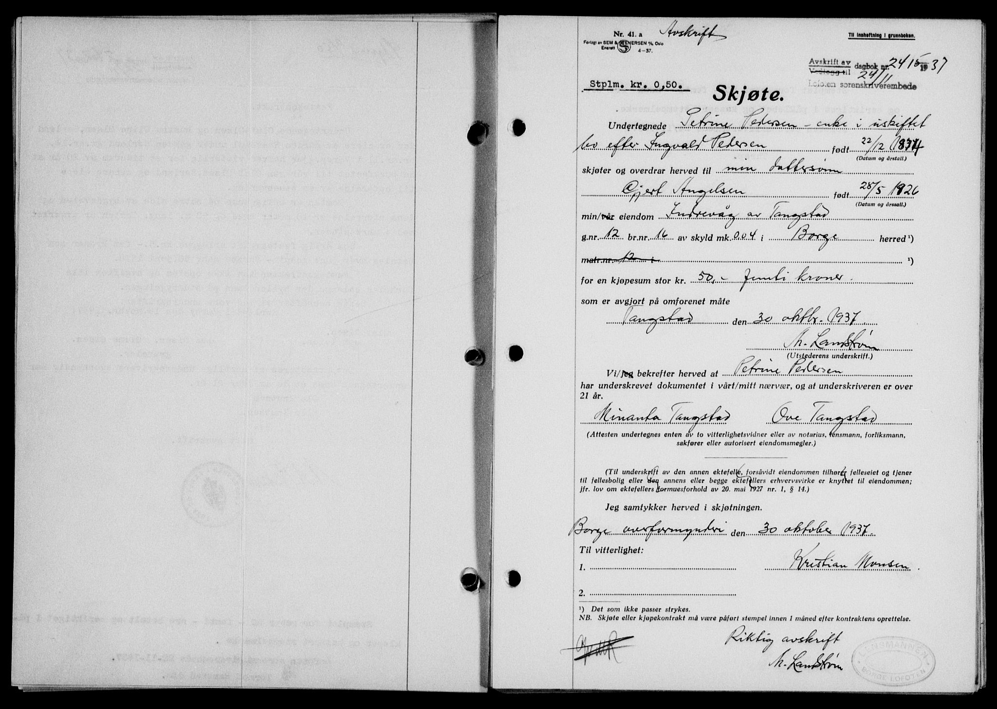 Lofoten sorenskriveri, SAT/A-0017/1/2/2C/L0003a: Mortgage book no. 3a, 1937-1938, Diary no: : 2415/1937