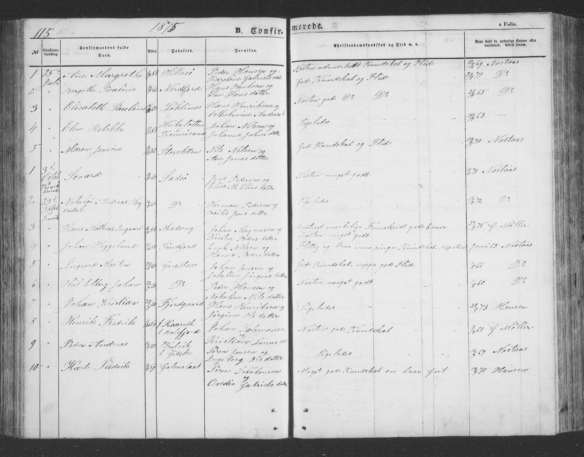 Lenvik sokneprestembete, SATØ/S-1310/H/Ha/Hab/L0020klokker: Parish register (copy) no. 20, 1855-1883, p. 115