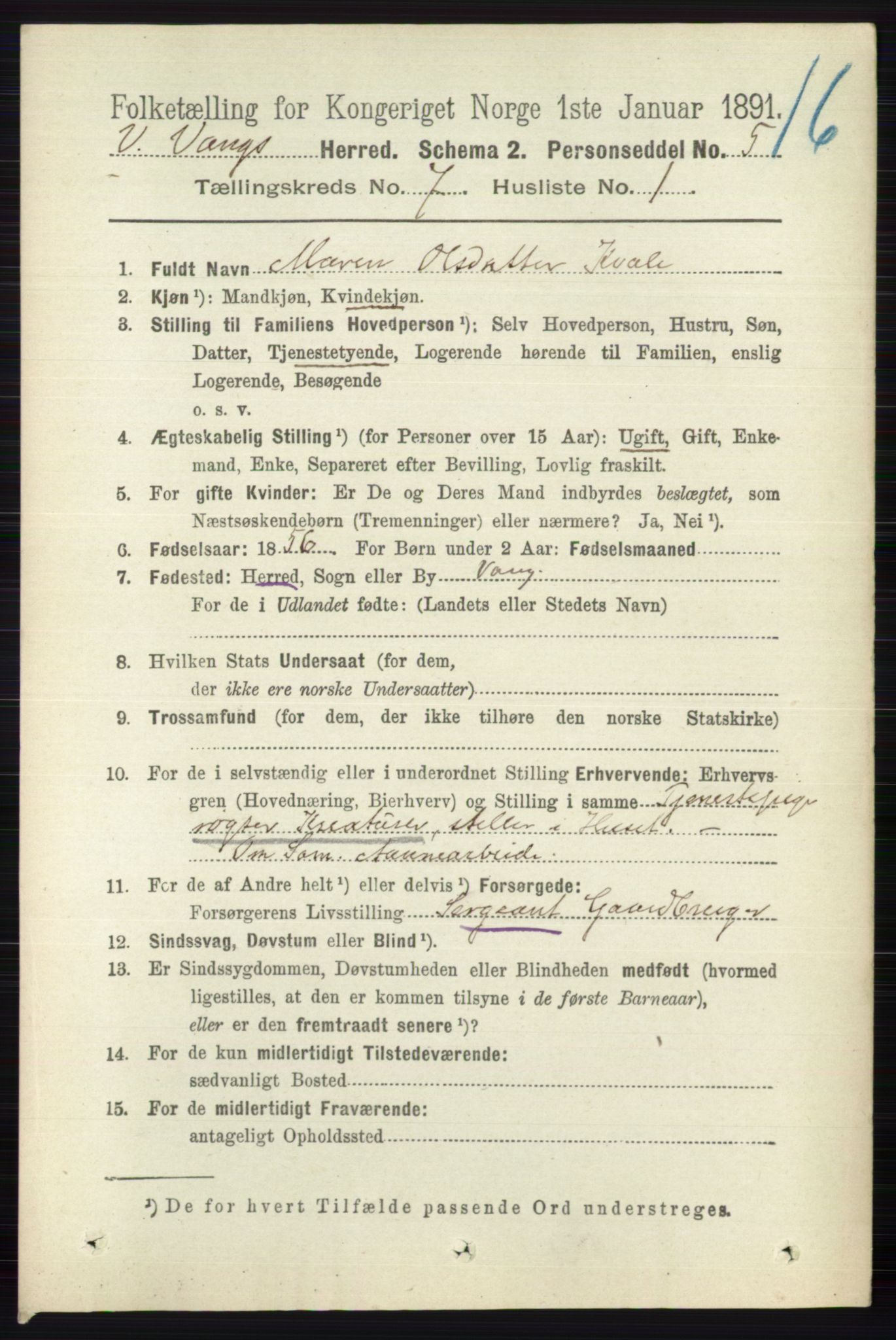 RA, 1891 census for 0545 Vang, 1891, p. 1421