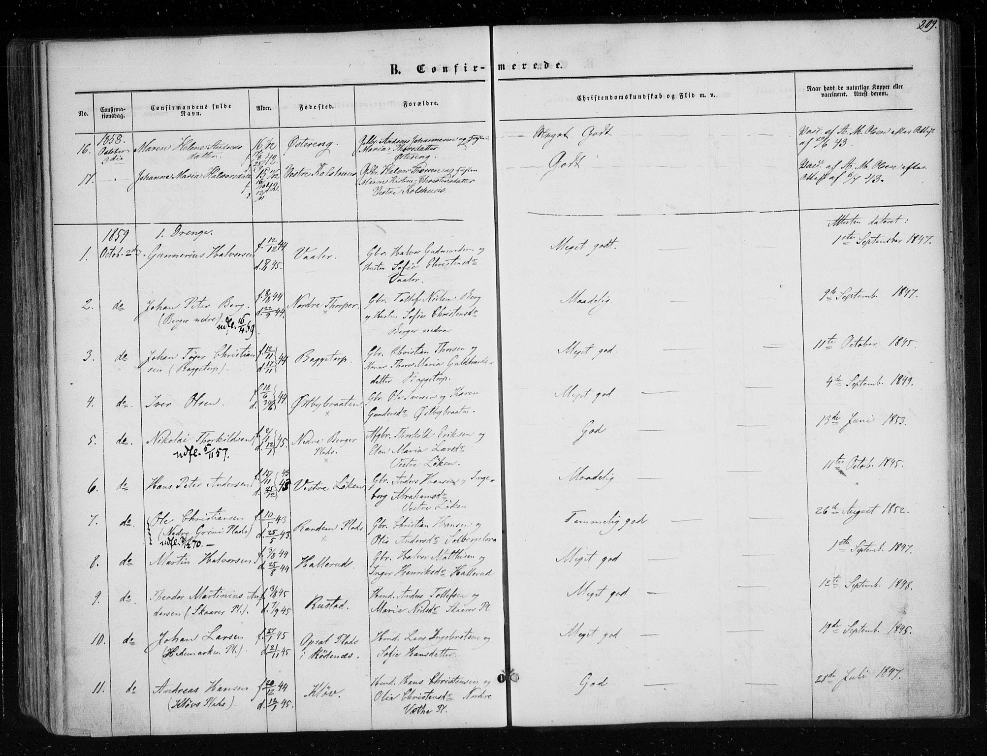 Eidsberg prestekontor Kirkebøker, AV/SAO-A-10905/F/Fa/L0010.a: Parish register (official) no. I 10A, 1857-1866, p. 209