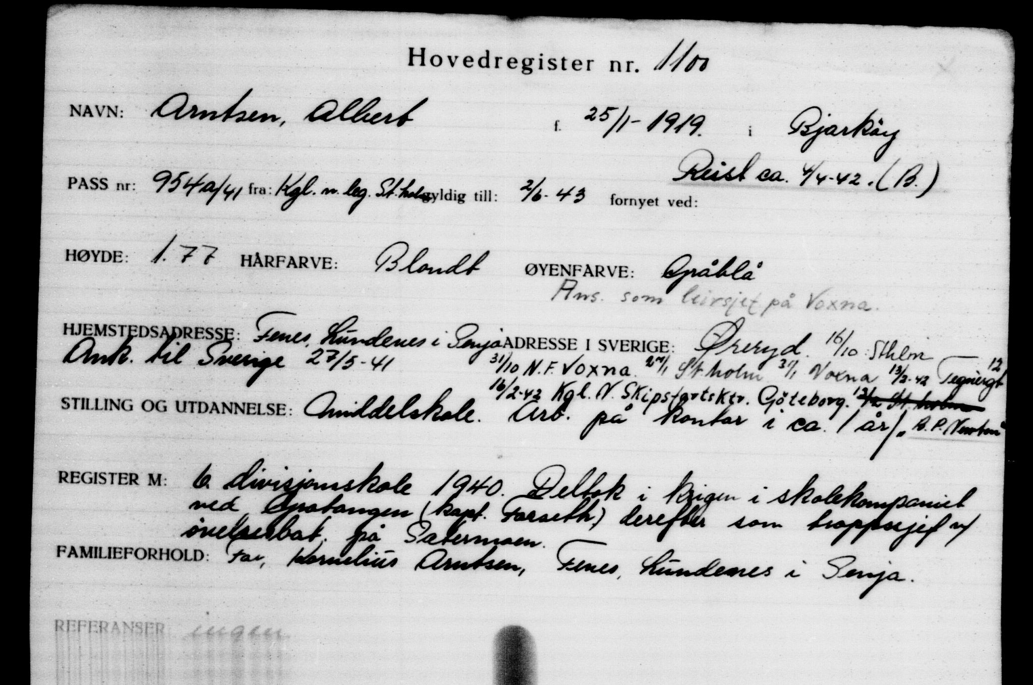 Utenriksstasjonene, Legasjonen i Stockholm, Flyktningkontoret, AV/RA-S-6753/V/Va/L0002: Kjesäterkartoteket, flyktninger med registreringsnr. 1001-2000, 1940-1945, p. 165