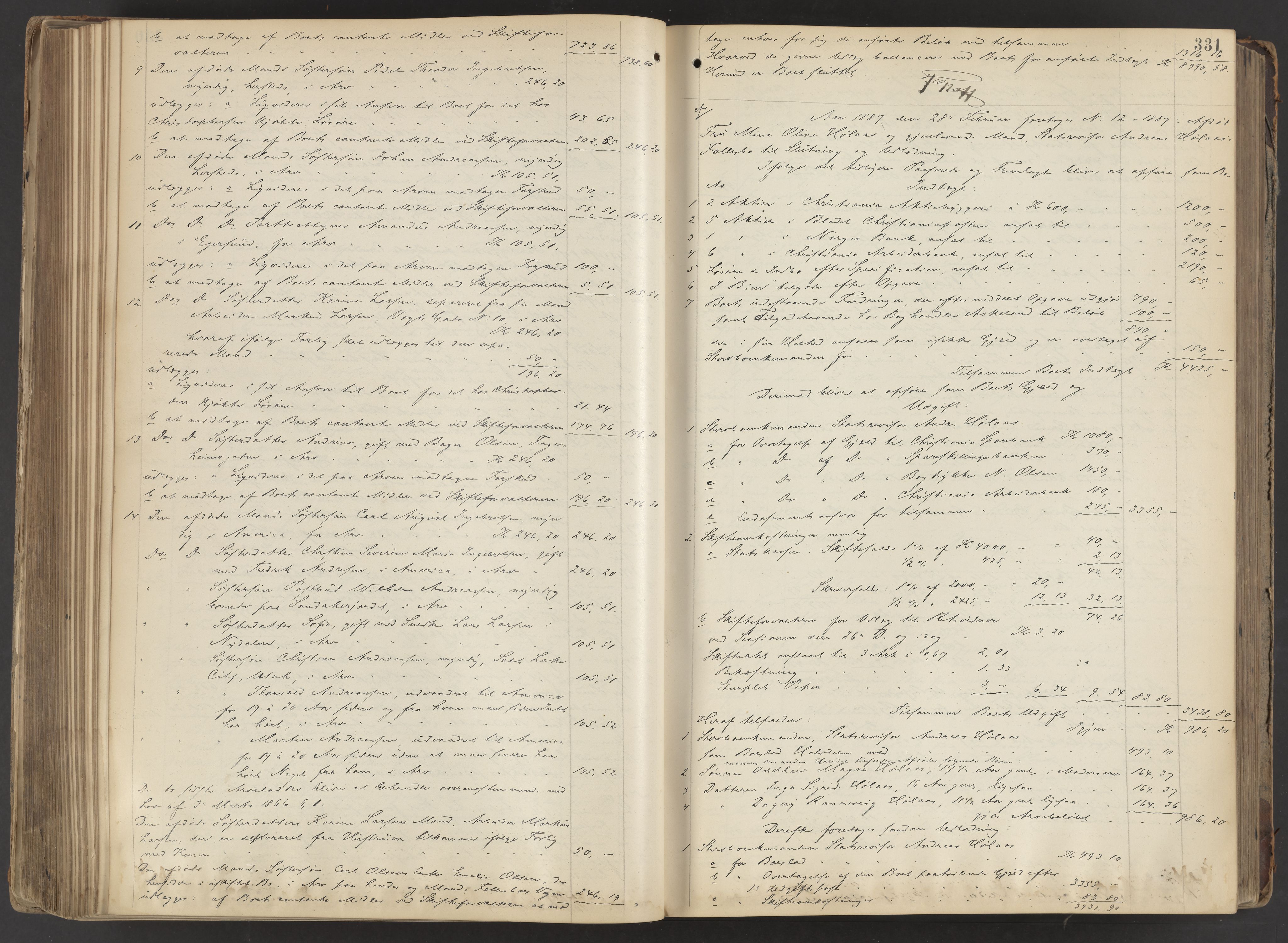 Oslo skifterett, AV/SAO-A-10383/H/Hd/Hda/L0014: Skifteutlodningsprotokoll, 1885-1889, p. 330b-331a