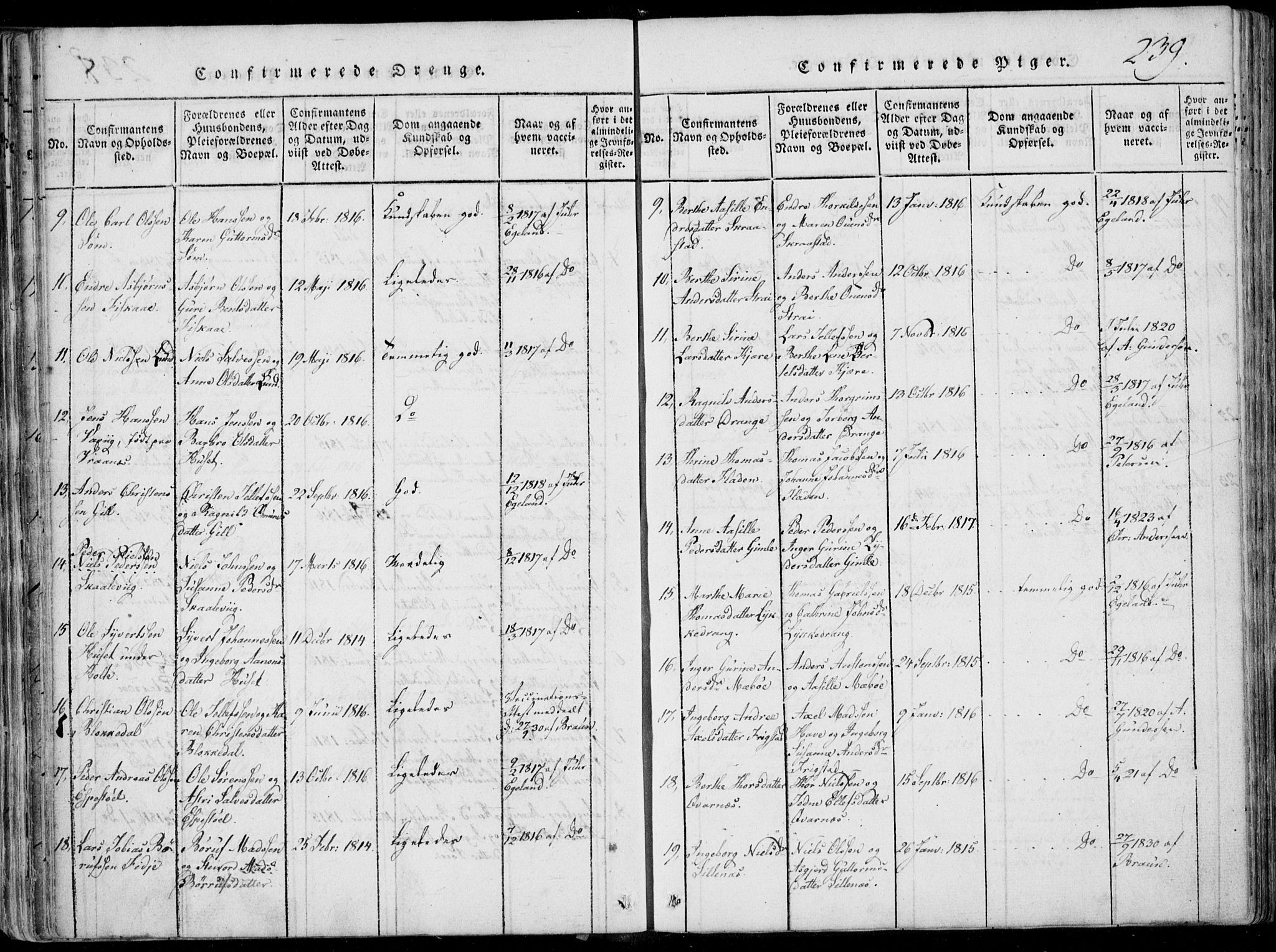 Oddernes sokneprestkontor, AV/SAK-1111-0033/F/Fa/Faa/L0005: Parish register (official) no. A 5, 1820-1838, p. 239