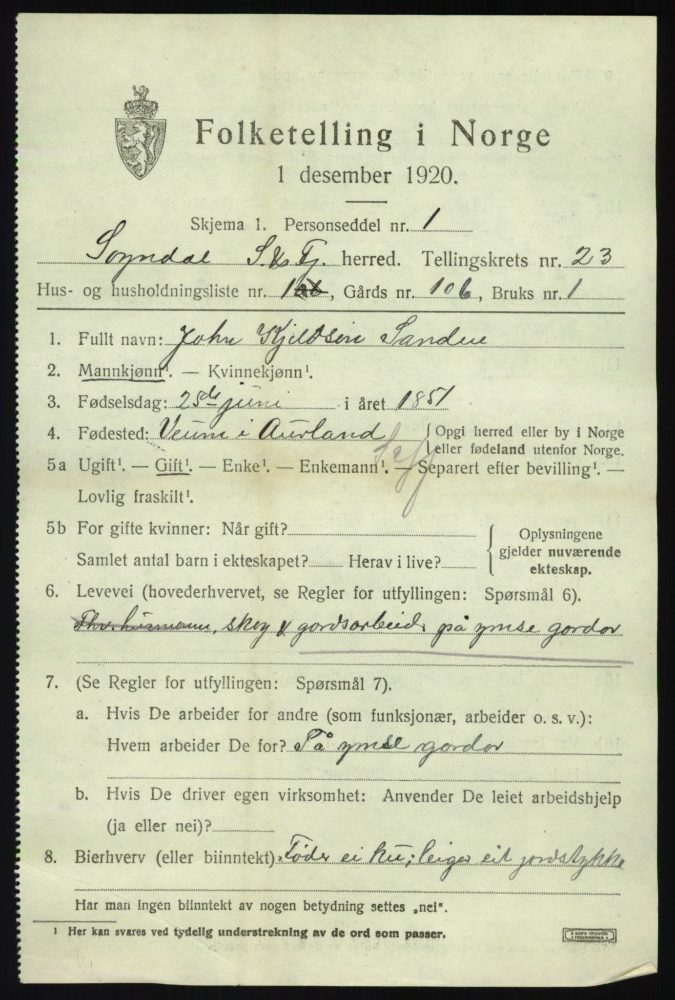 SAB, 1920 census for Sogndal, 1920, p. 8113