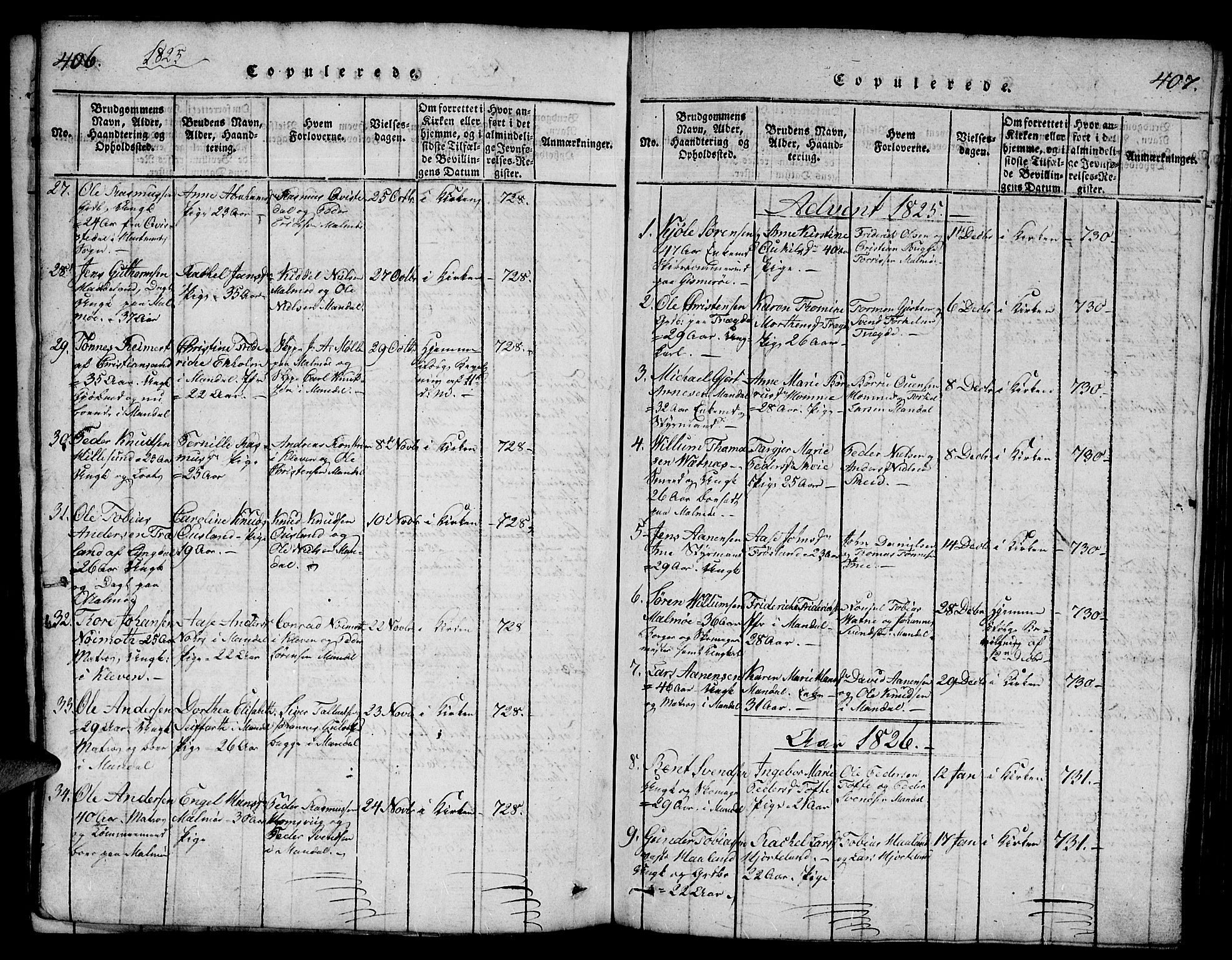 Mandal sokneprestkontor, SAK/1111-0030/F/Fb/Fba/L0001: Parish register (copy) no. B 1, 1818-1830, p. 406-407