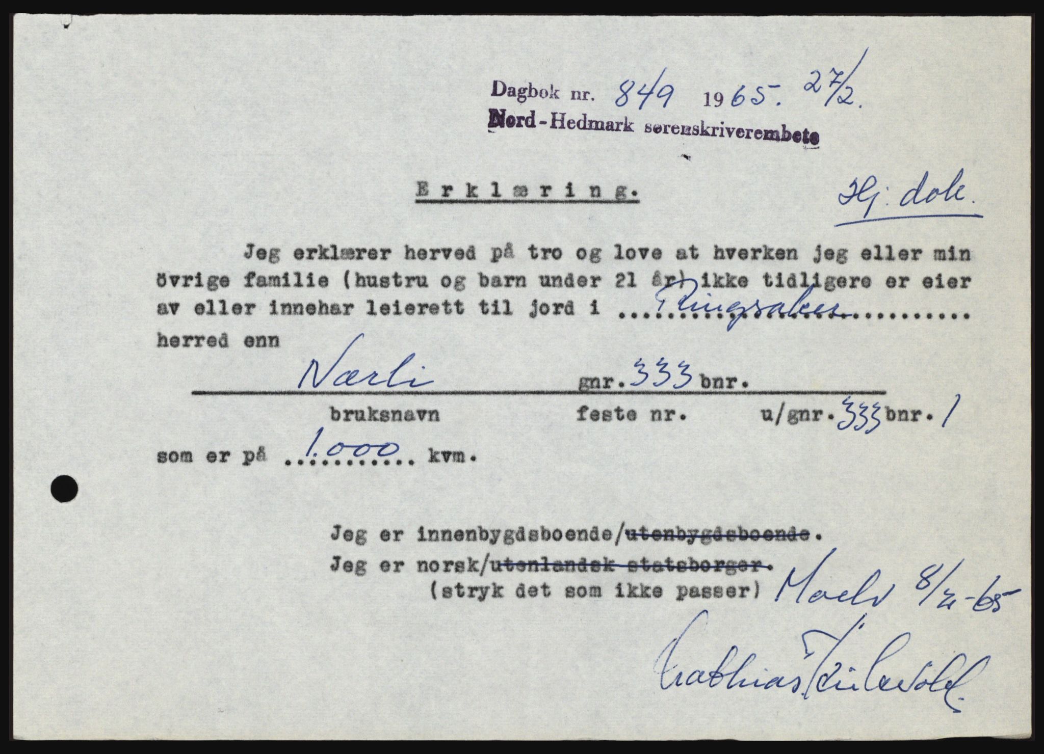 Nord-Hedmark sorenskriveri, SAH/TING-012/H/Hc/L0021: Mortgage book no. 21, 1964-1965, Diary no: : 849/1965