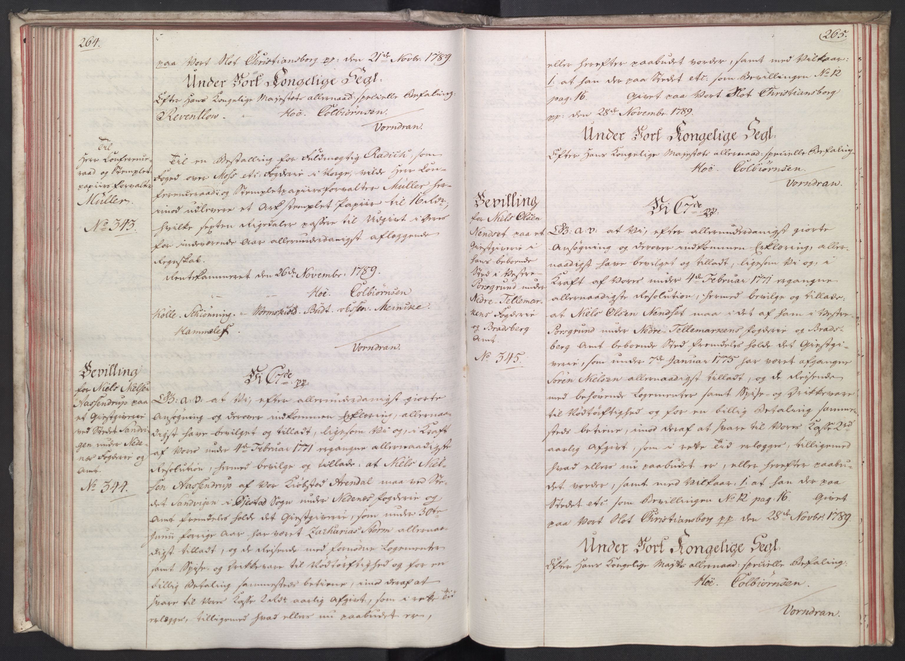 Rentekammeret, Kammerkanselliet, RA/EA-3111/G/Gg/Gga/L0014: Norsk ekspedisjonsprotokoll med register (merket RK 53.14), 1787-1790, p. 264-265