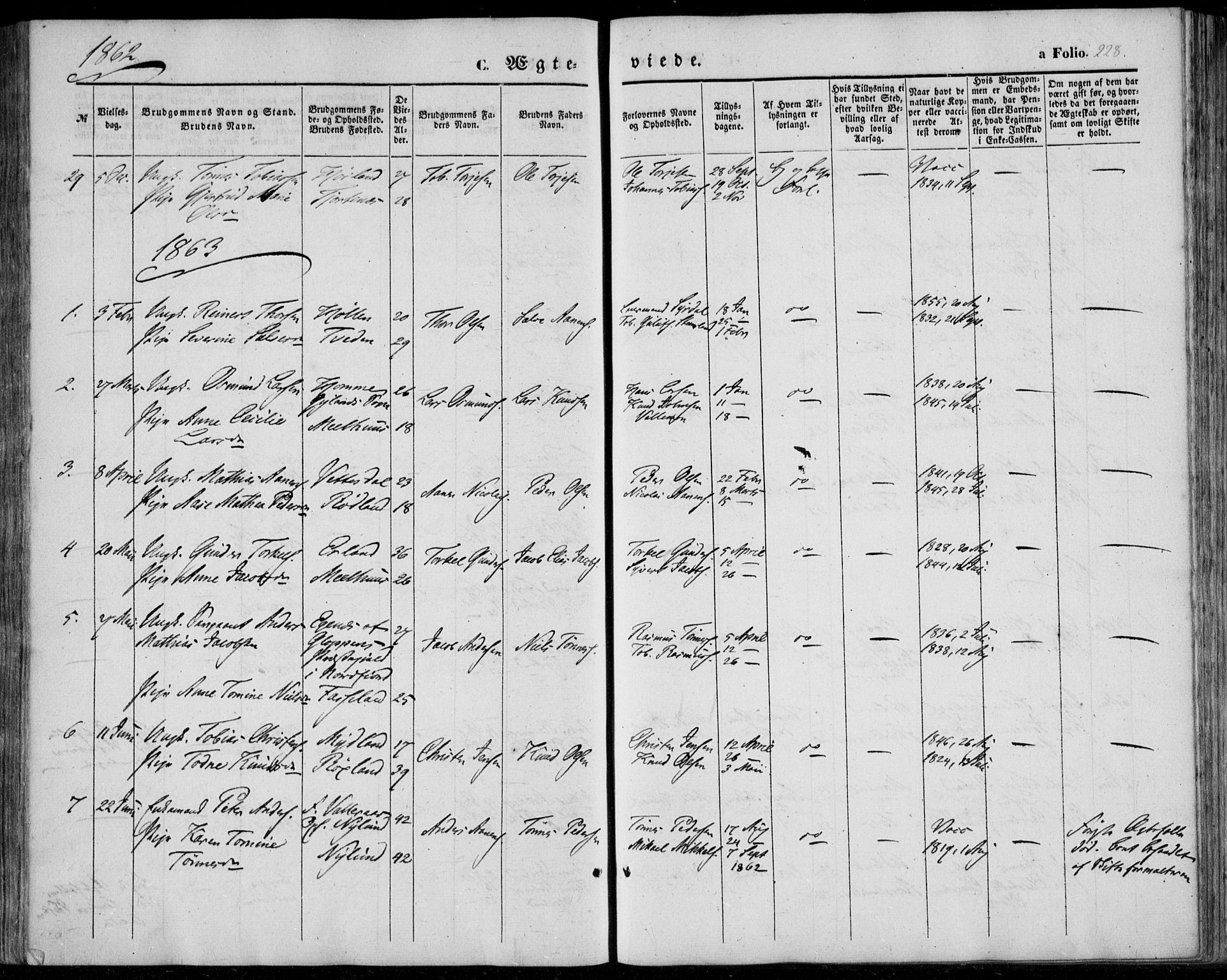 Sør-Audnedal sokneprestkontor, AV/SAK-1111-0039/F/Fa/Fab/L0007: Parish register (official) no. A 7, 1855-1876, p. 228