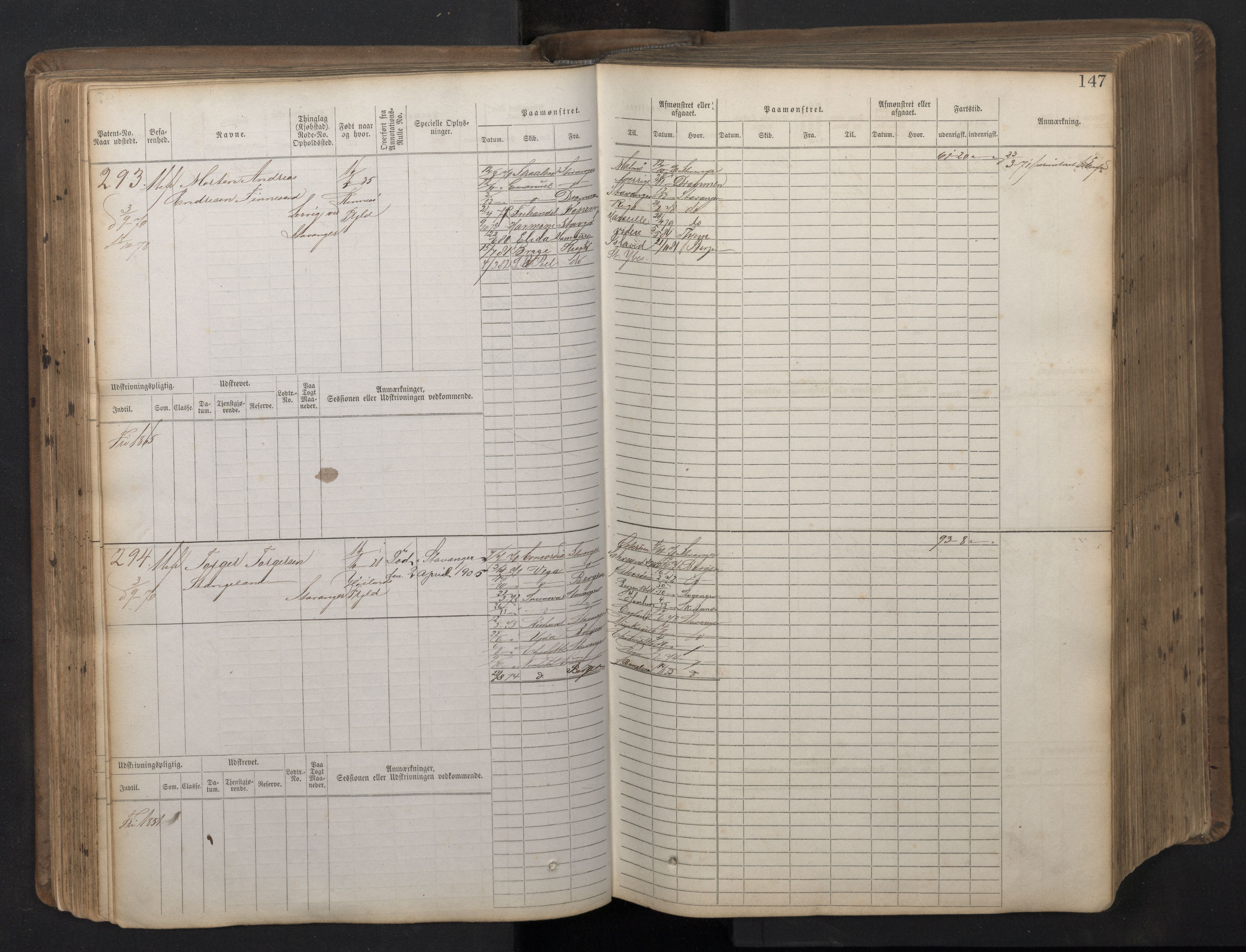 Stavanger sjømannskontor, AV/SAST-A-102006/F/Fb/Fbb/L0016: Sjøfartshovedrulle patnentnr. 1-1202 (dublett), 1869, p. 147