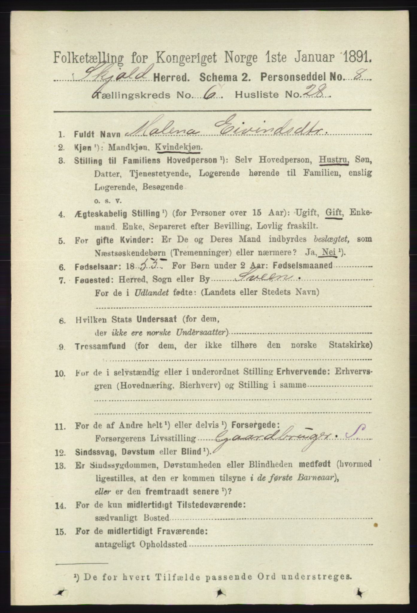 RA, 1891 census for 1154 Skjold, 1891, p. 1160