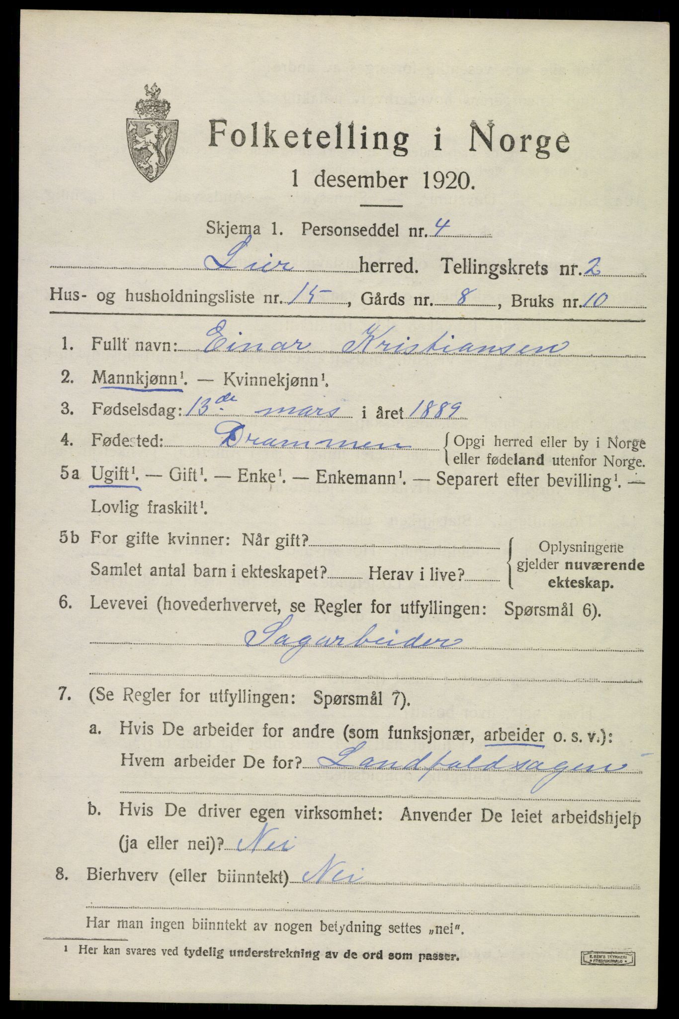 SAKO, 1920 census for Lier, 1920, p. 4510