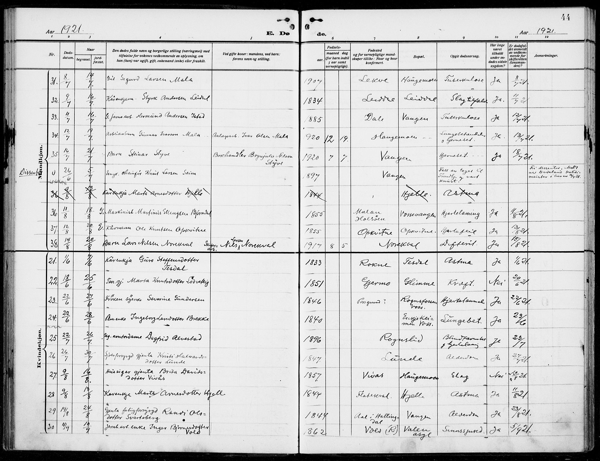 Voss sokneprestembete, AV/SAB-A-79001/H/Haa: Parish register (official) no. D  2, 1910-1932, p. 44