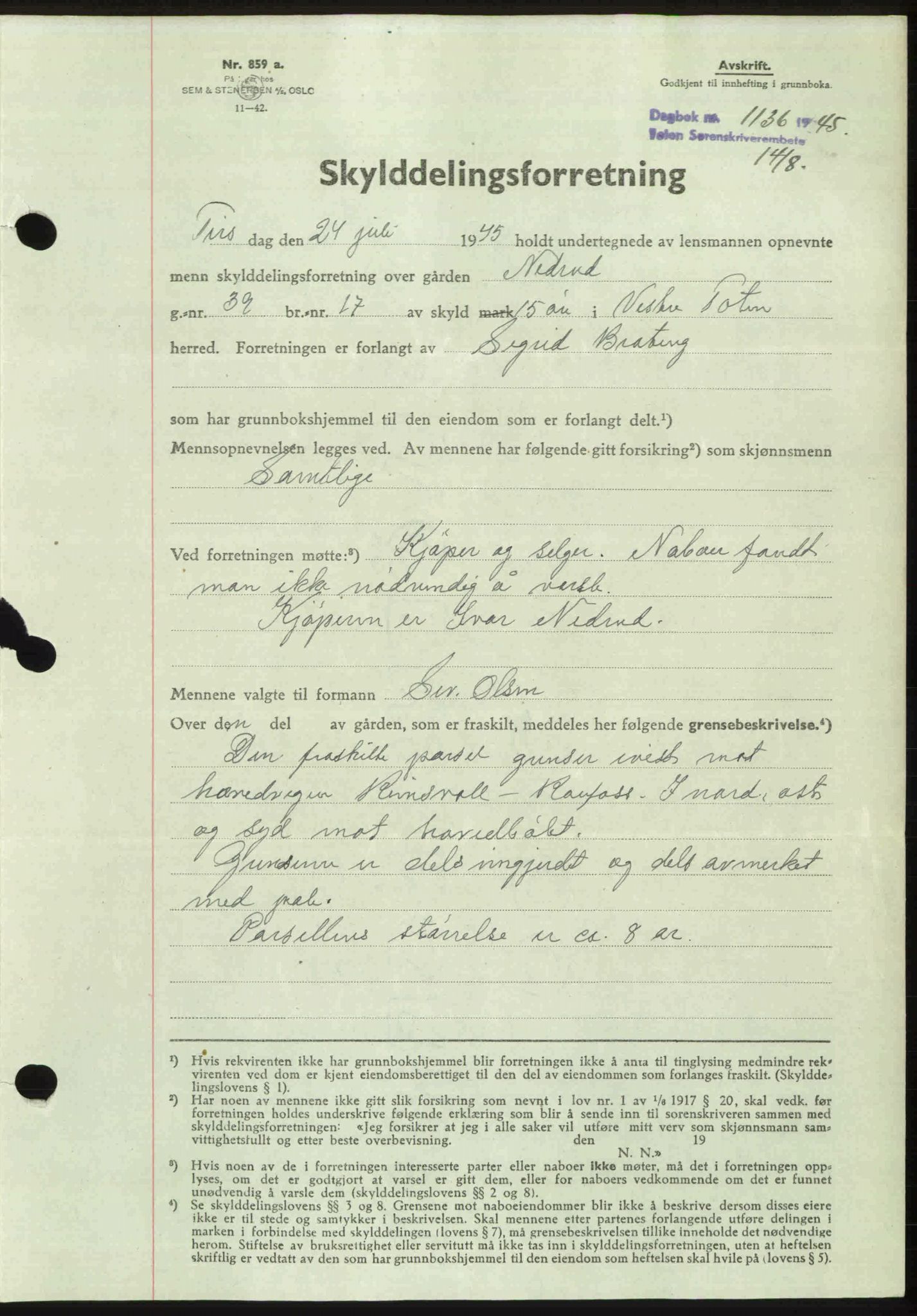 Toten tingrett, SAH/TING-006/H/Hb/Hbc/L0013: Mortgage book no. Hbc-13, 1945-1945, Diary no: : 1136/1945