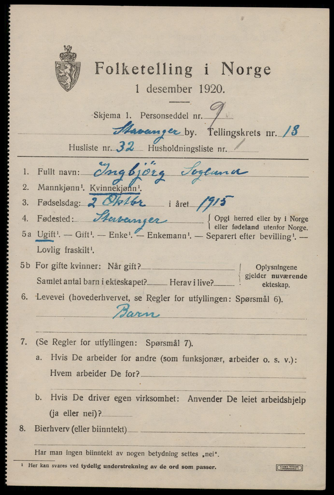 SAST, 1920 census for Stavanger, 1920, p. 67104
