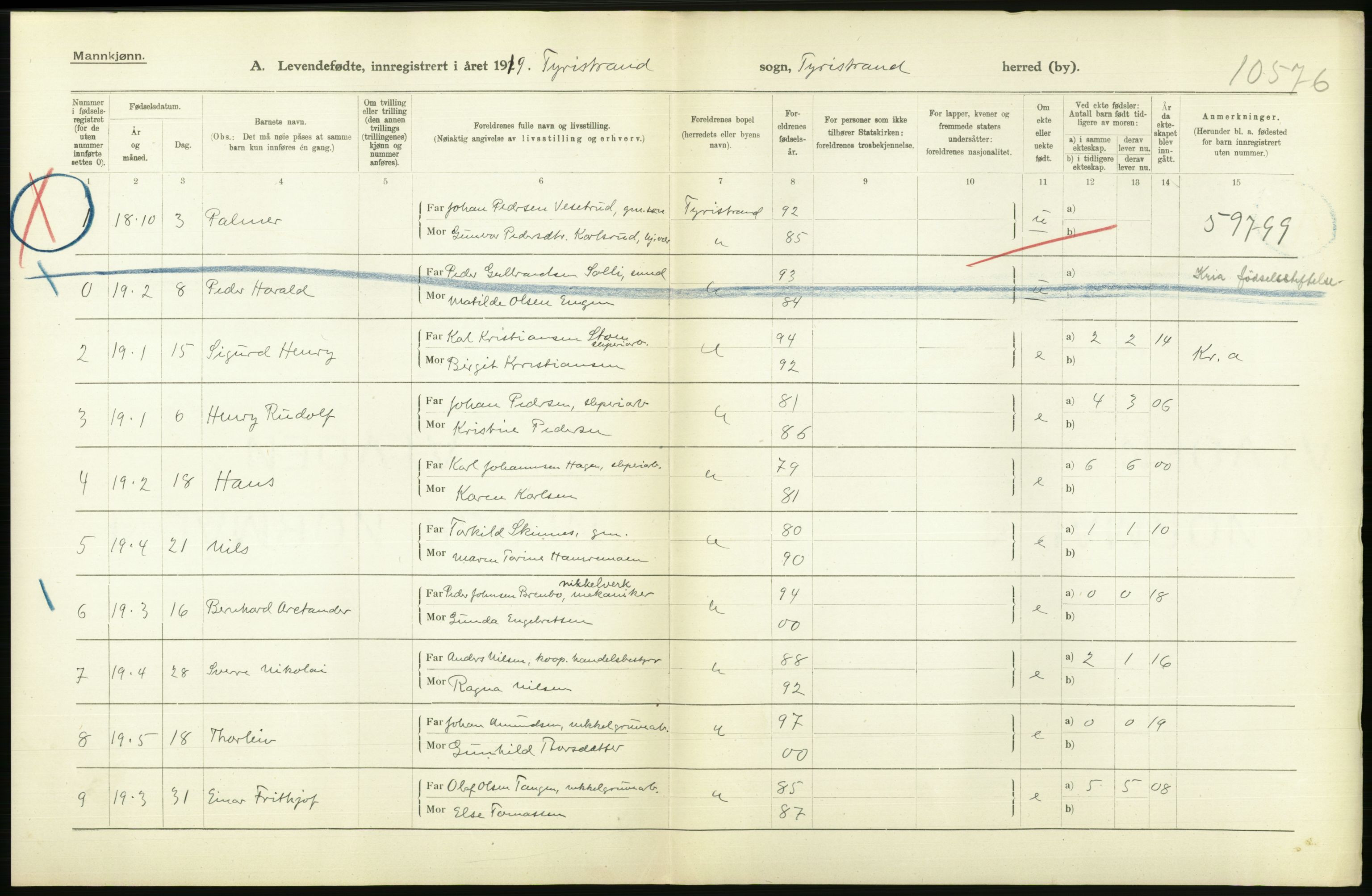 Statistisk sentralbyrå, Sosiodemografiske emner, Befolkning, RA/S-2228/D/Df/Dfb/Dfbi/L0016: Buskerud fylke: Levendefødte menn og kvinner. Bygder., 1919, p. 546