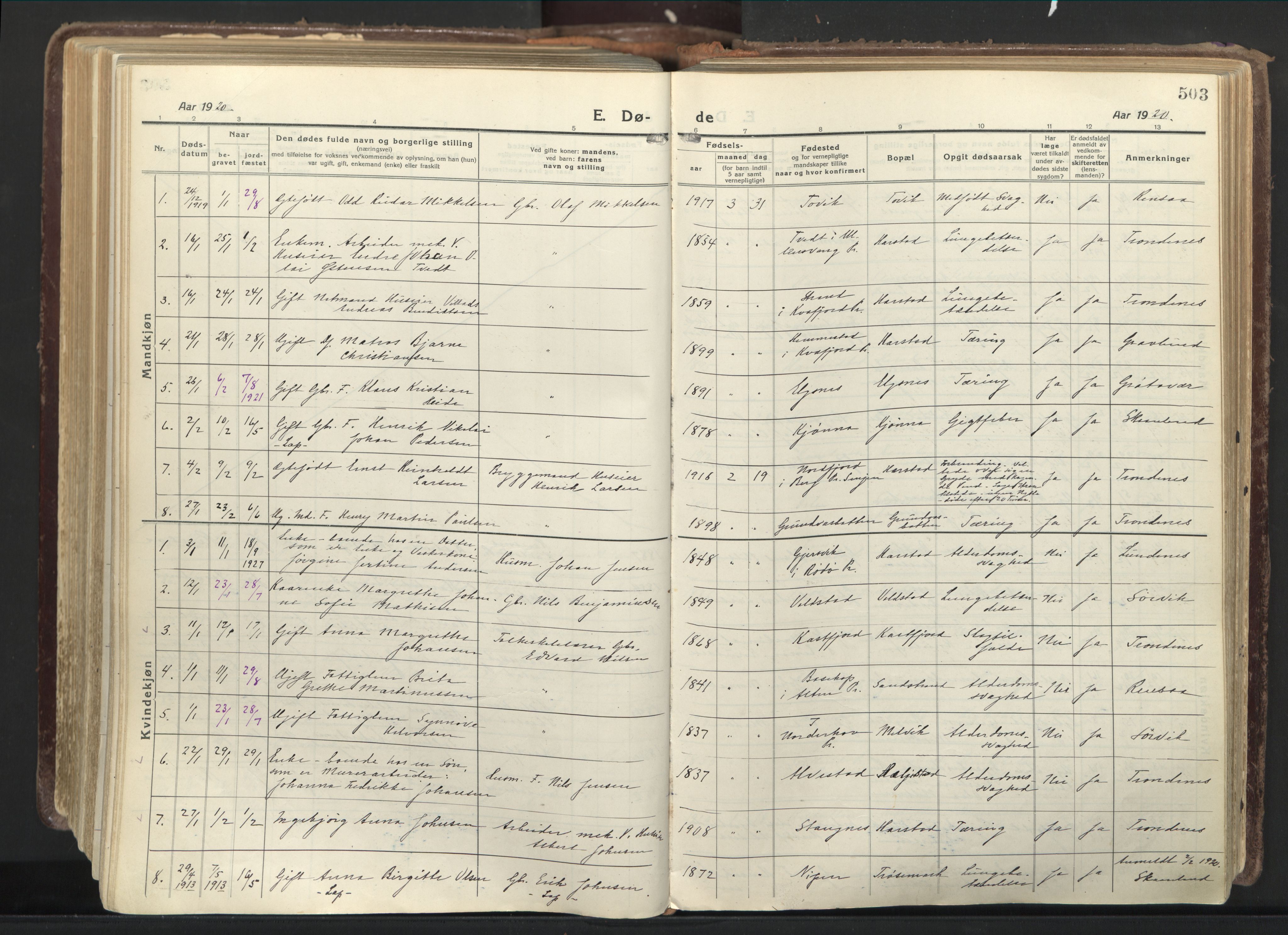 Trondenes sokneprestkontor, AV/SATØ-S-1319/H/Ha/L0019kirke: Parish register (official) no. 19, 1919-1928, p. 503