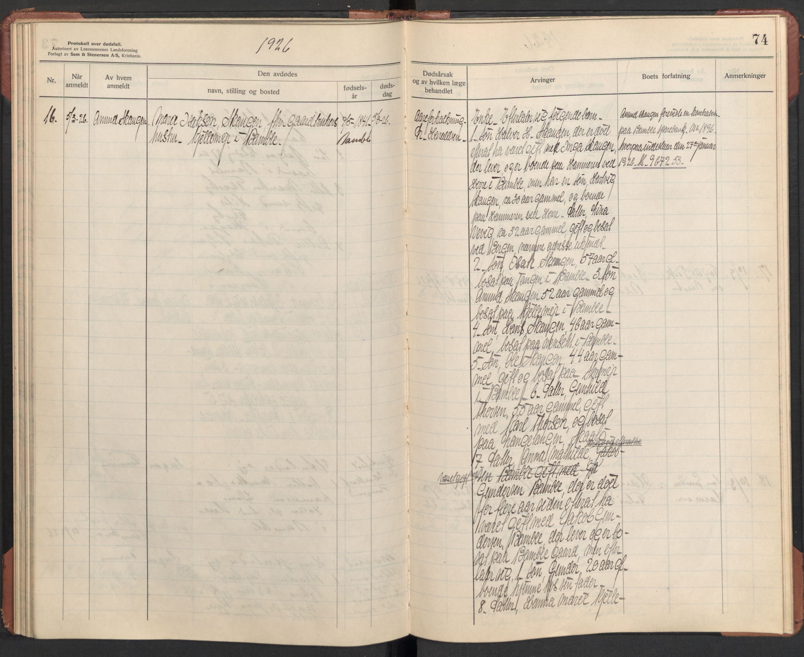 Bamble lensmannskontor, AV/SAKO-A-552/H/Ha/Haa/L0004: Dødsfallsprotokoll, 1923-1926, p. 74
