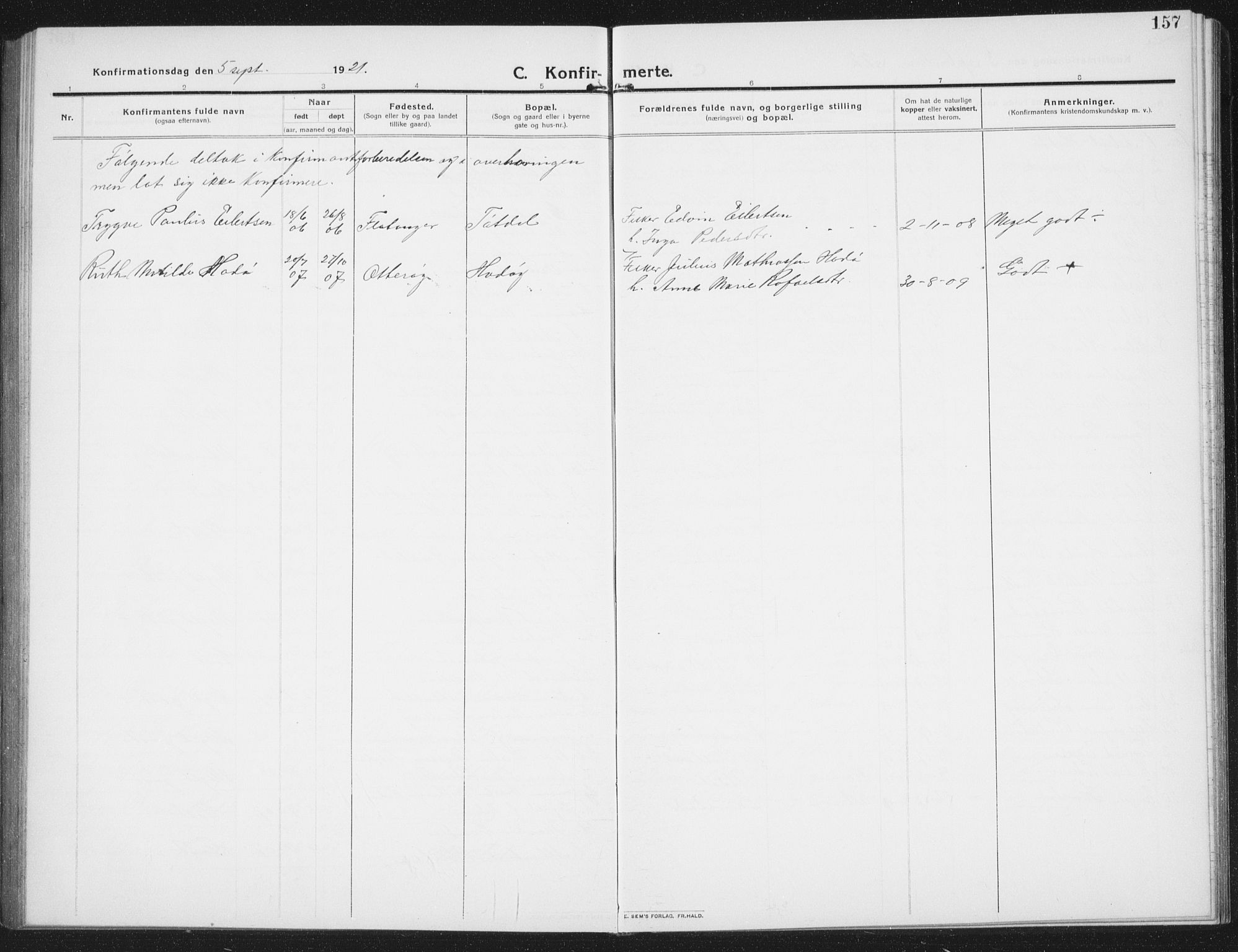 Ministerialprotokoller, klokkerbøker og fødselsregistre - Nord-Trøndelag, SAT/A-1458/774/L0630: Parish register (copy) no. 774C01, 1910-1934, p. 157