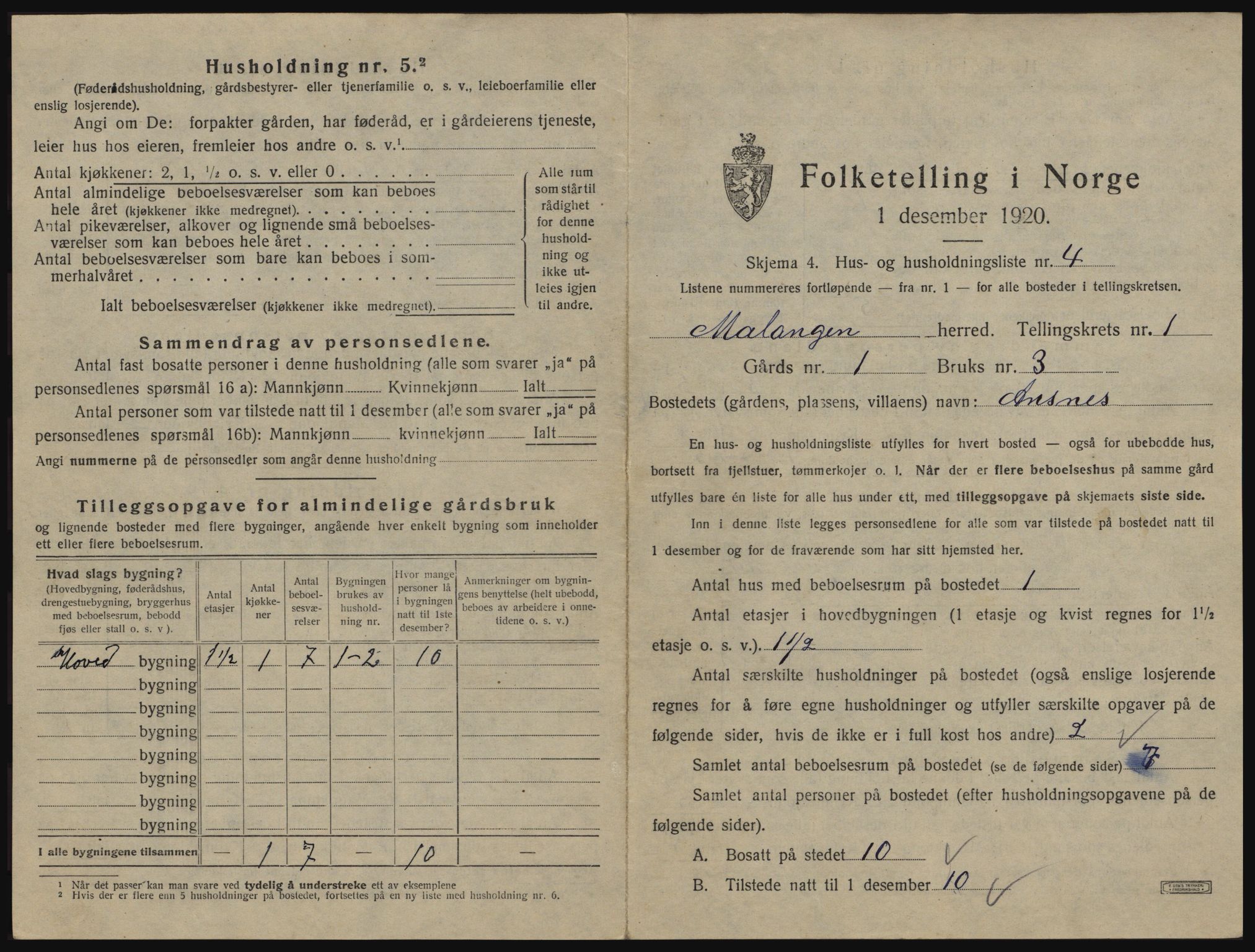 SATØ, 1920 census for Malangen, 1920, p. 52