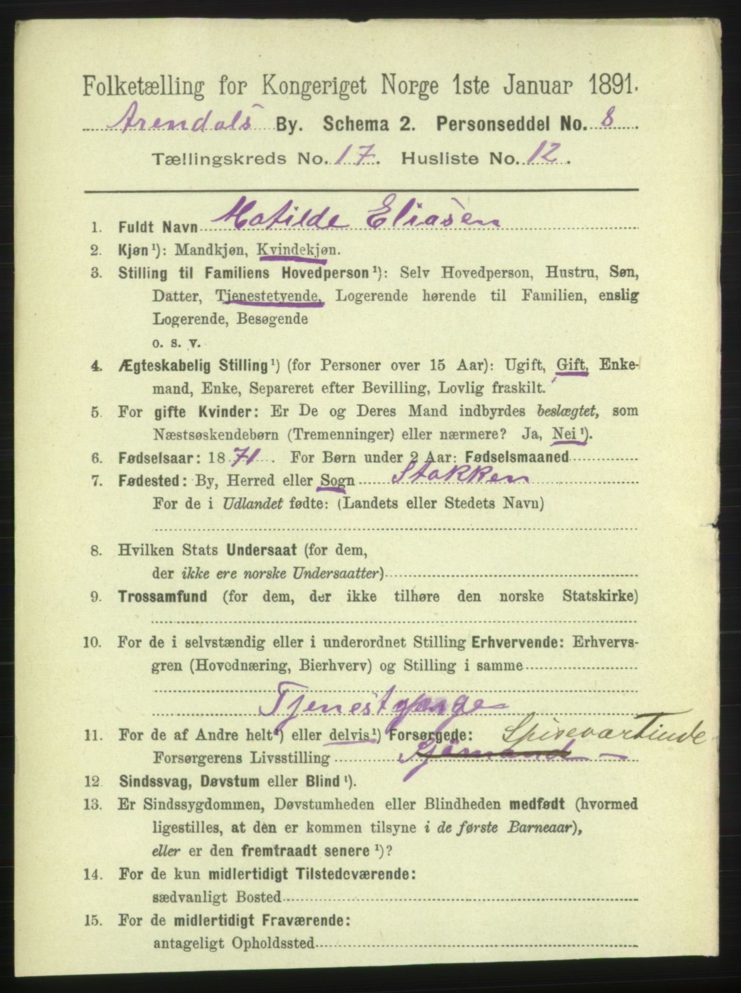 RA, 1891 census for 0903 Arendal, 1891, p. 5765