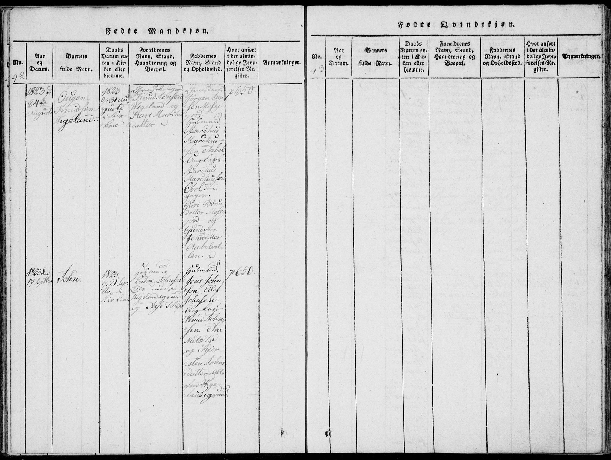 Vennesla sokneprestkontor, AV/SAK-1111-0045/Fa/Fab/L0003: Parish register (official) no. A 3, 1820-1834, p. 42-43