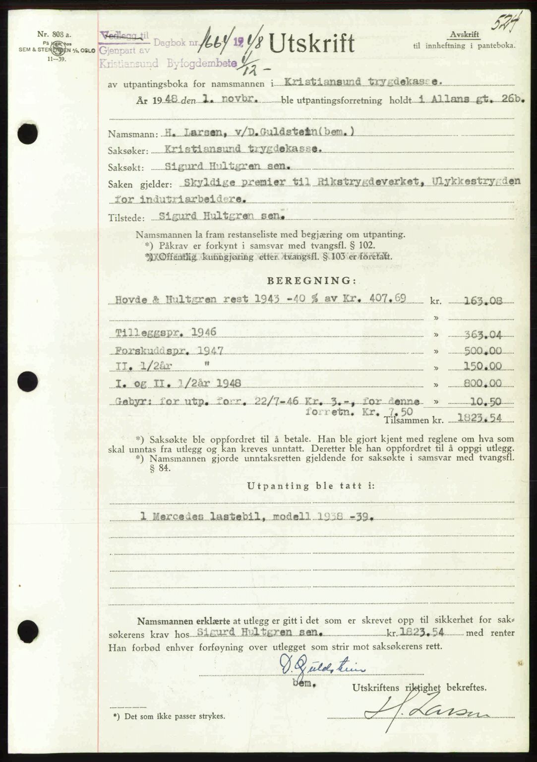 Kristiansund byfogd, AV/SAT-A-4587/A/27: Mortgage book no. 44, 1947-1948, Diary no: : 1664/1948