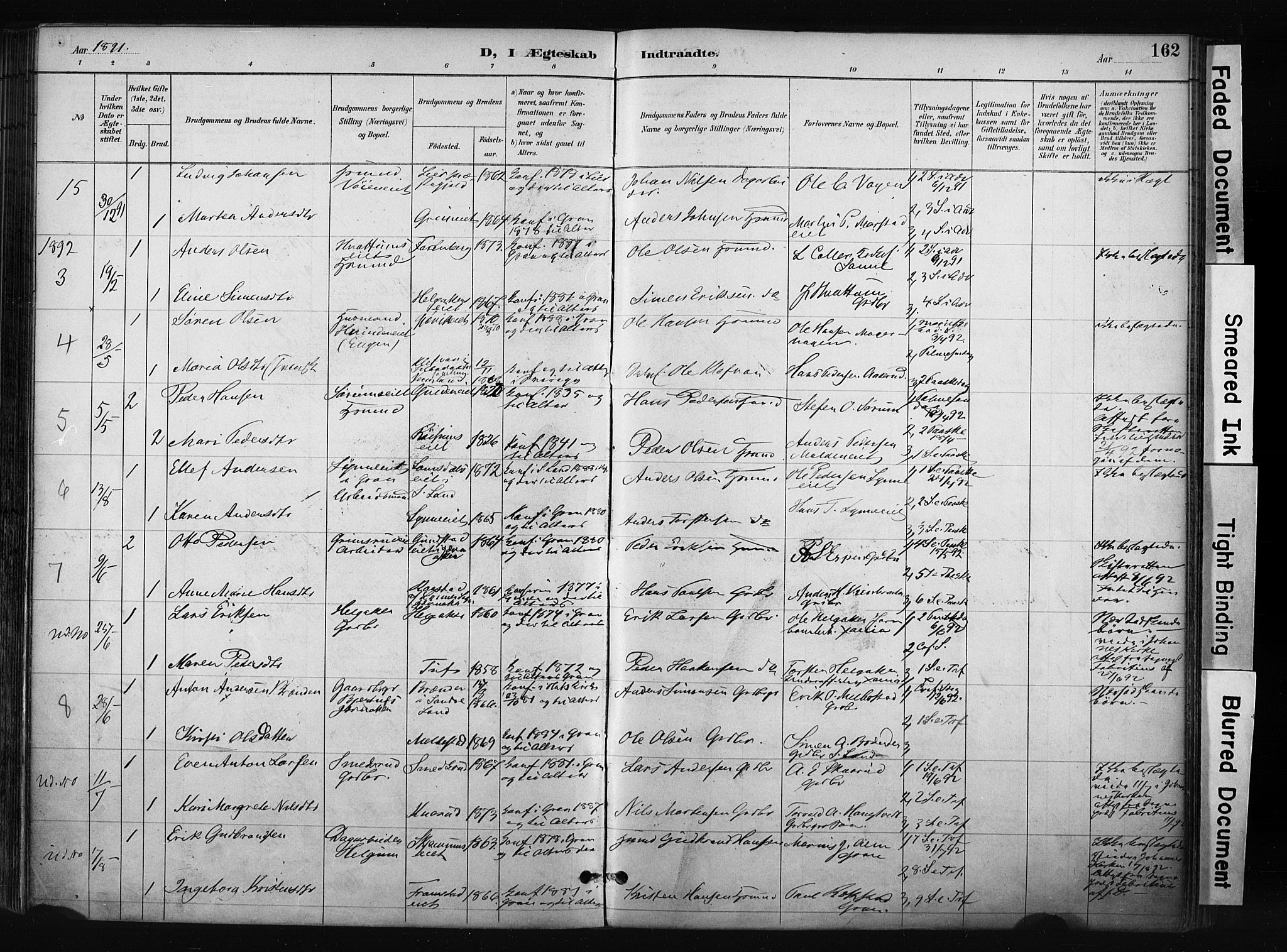 Gran prestekontor, AV/SAH-PREST-112/H/Ha/Haa/L0017: Parish register (official) no. 17, 1889-1897, p. 162