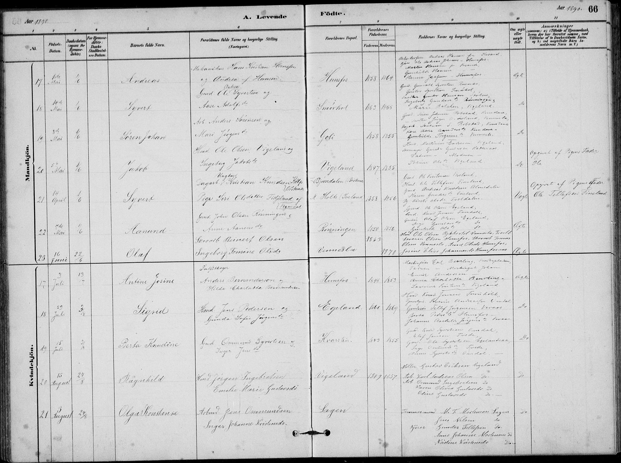 Vennesla sokneprestkontor, AV/SAK-1111-0045/Fb/Fbb/L0003: Parish register (copy) no. B 3, 1879-1893, p. 66