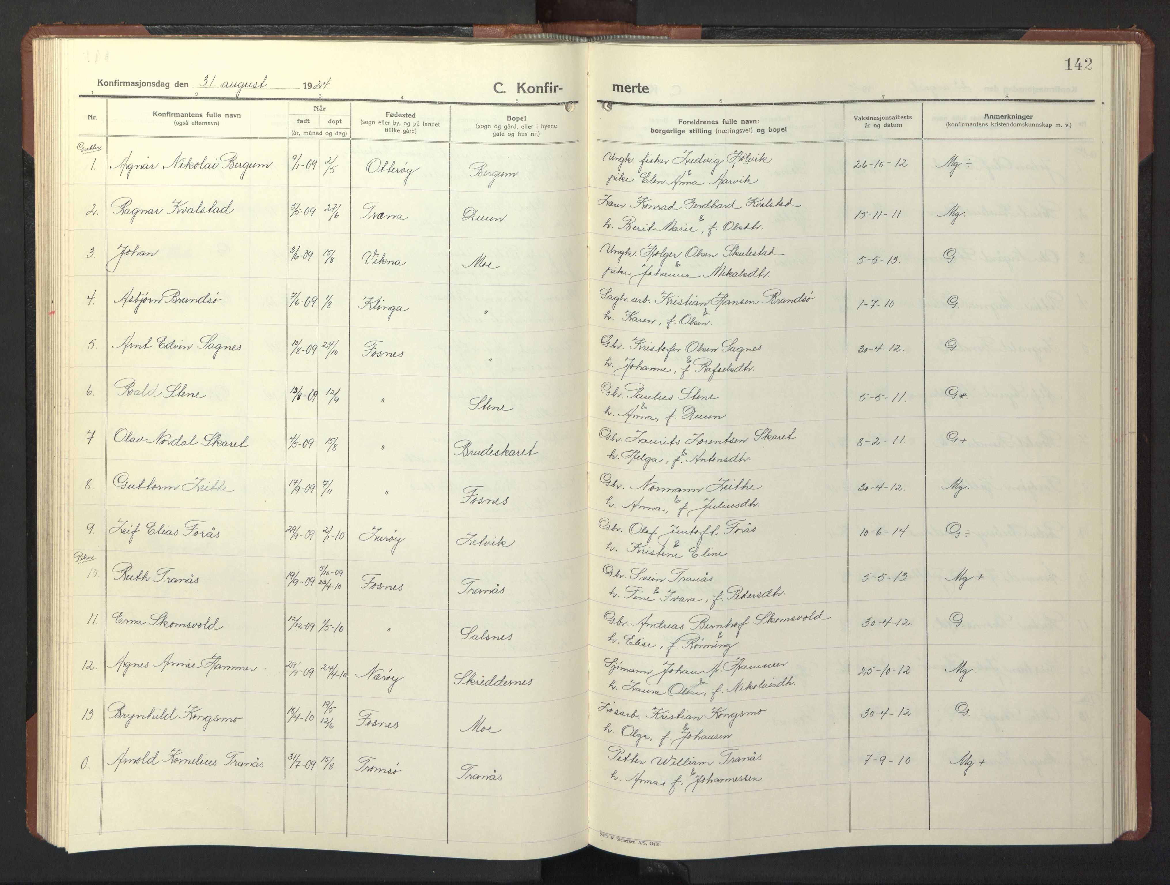 Ministerialprotokoller, klokkerbøker og fødselsregistre - Nord-Trøndelag, SAT/A-1458/773/L0625: Parish register (copy) no. 773C01, 1910-1952, p. 142