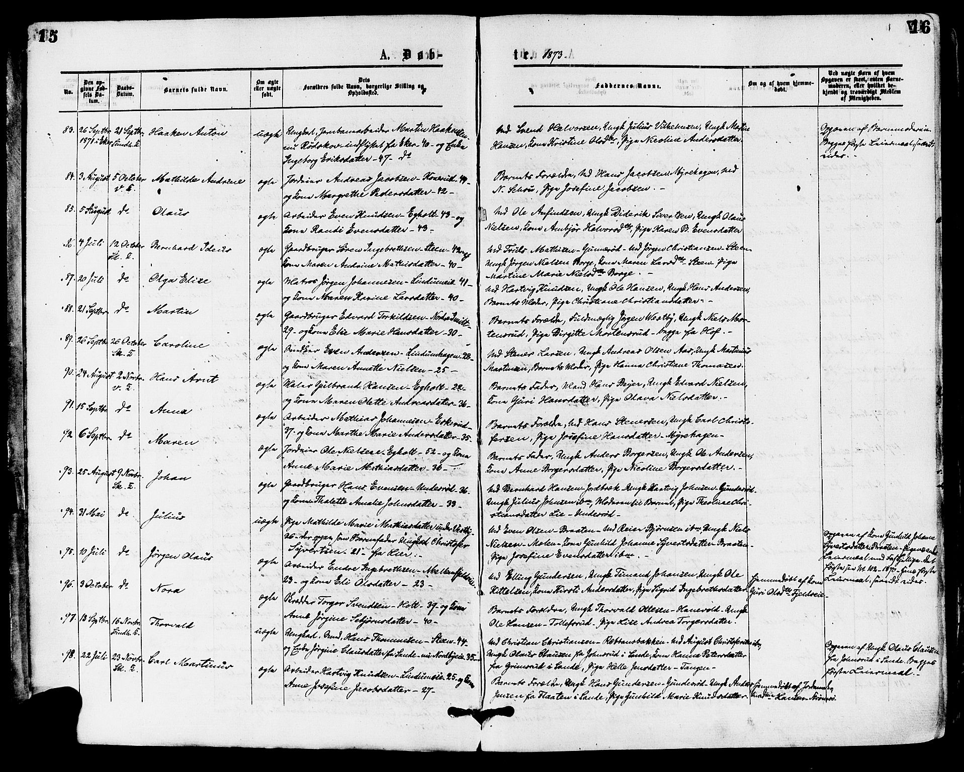 Skoger kirkebøker, AV/SAKO-A-59/F/Fa/L0005: Parish register (official) no. I 5, 1873-1884, p. 15-16