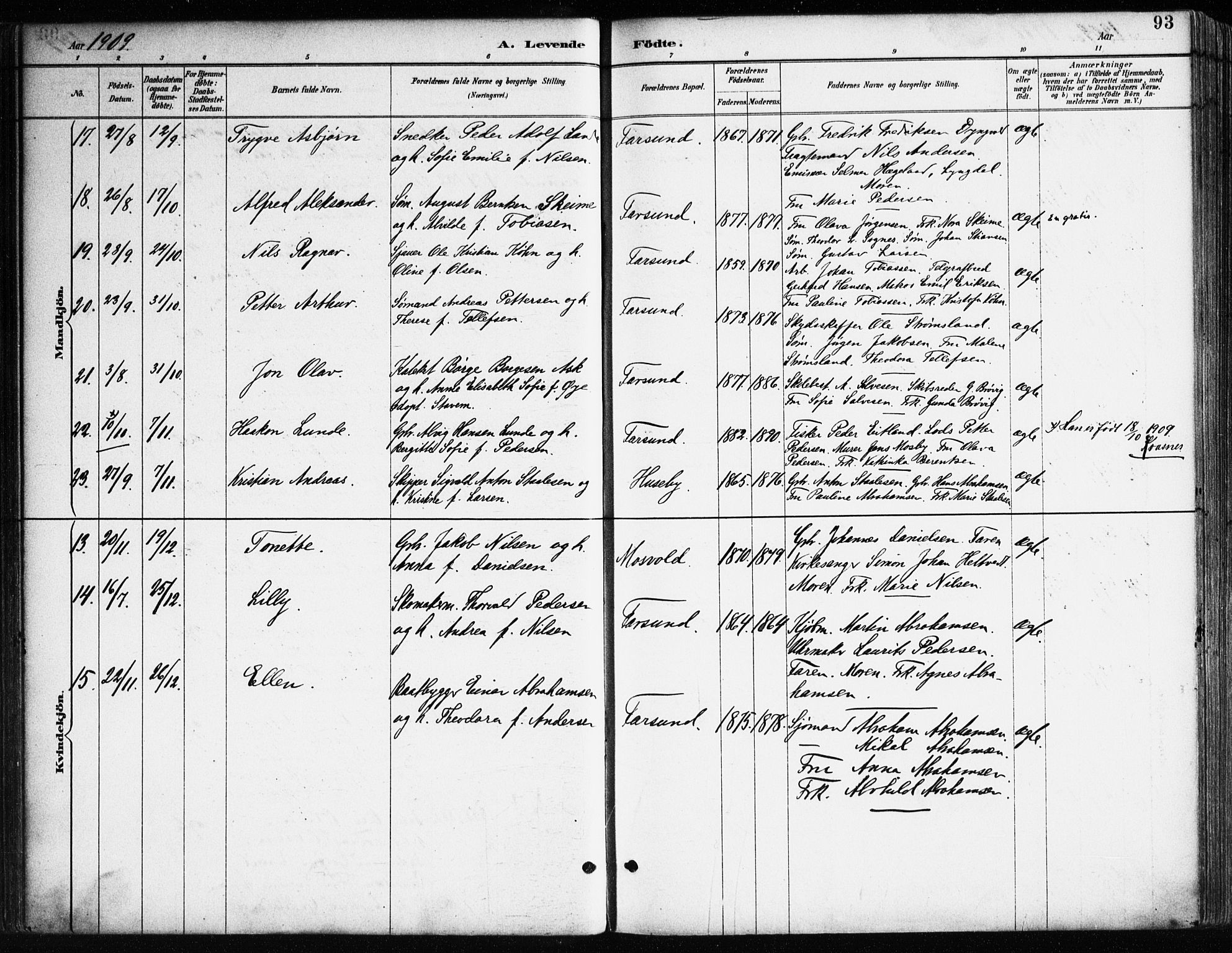 Farsund sokneprestkontor, SAK/1111-0009/F/Fa/L0006: Parish register (official) no. A 6, 1887-1920, p. 93