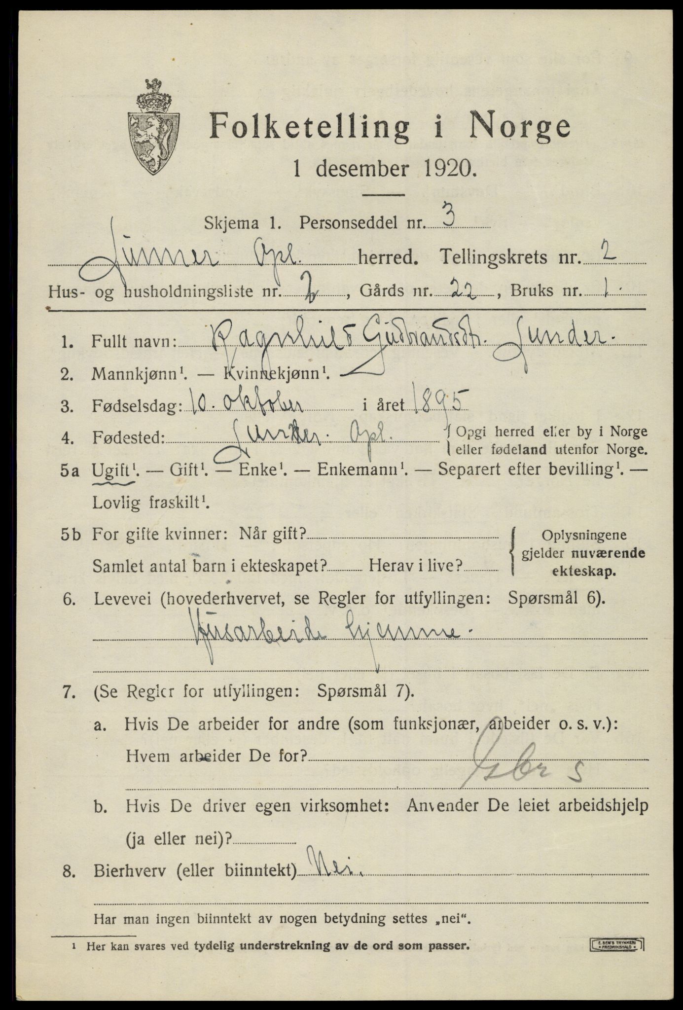 SAH, 1920 census for Lunner, 1920, p. 2875