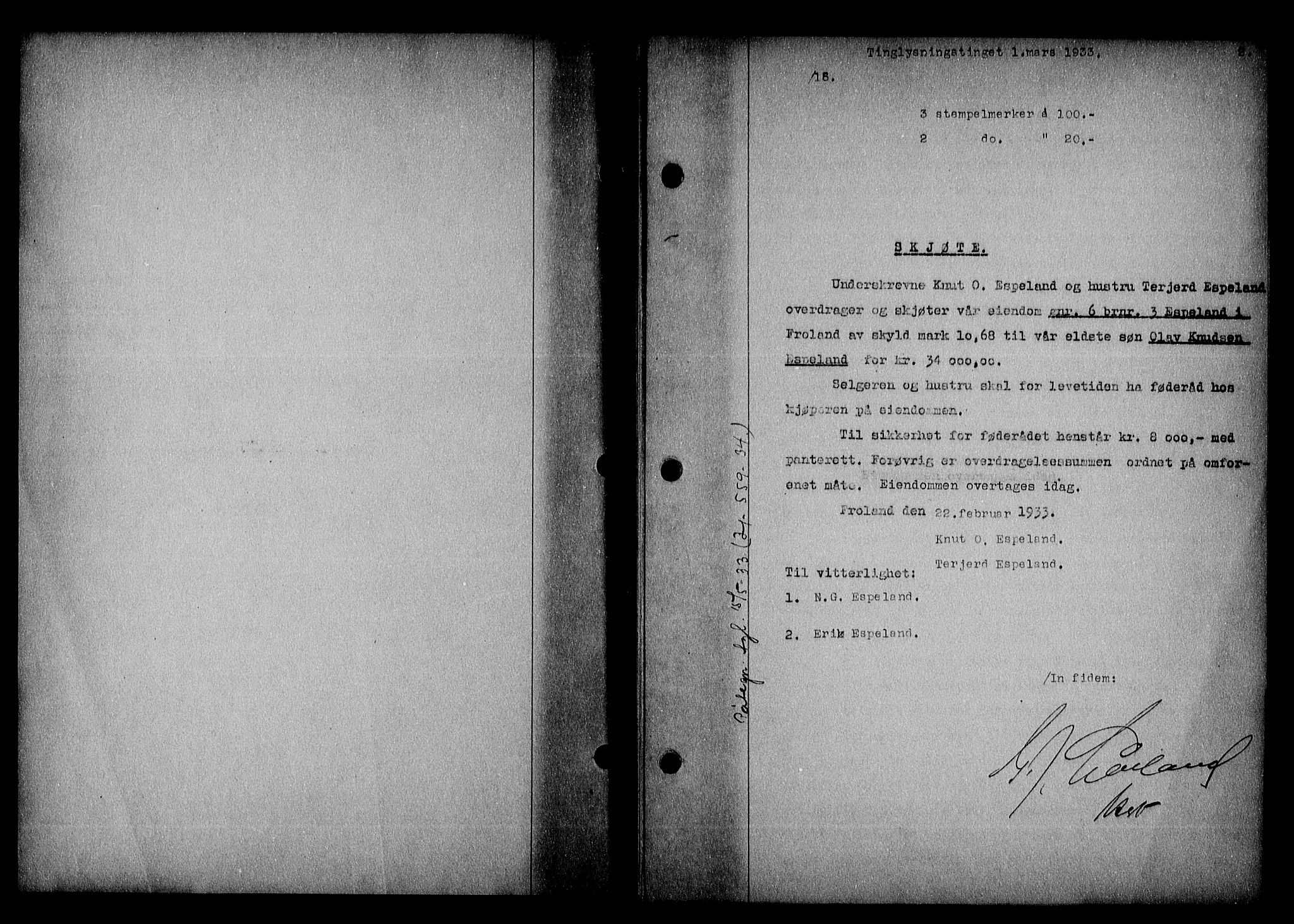 Nedenes sorenskriveri, SAK/1221-0006/G/Gb/Gba/L0039: Mortgage book no. 35, 1933-1934, p. 2