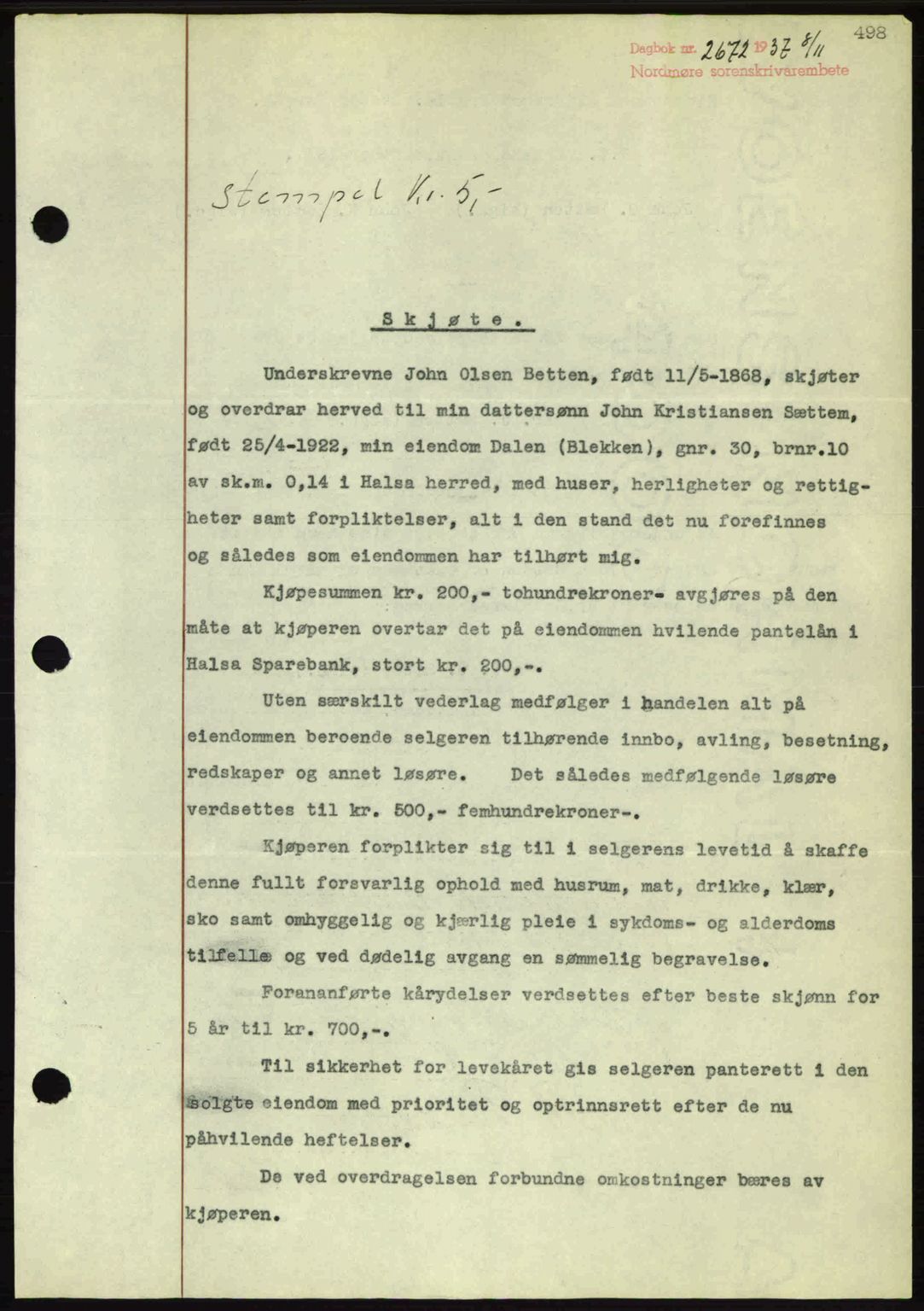 Nordmøre sorenskriveri, AV/SAT-A-4132/1/2/2Ca: Mortgage book no. A82, 1937-1938, Diary no: : 2672/1937