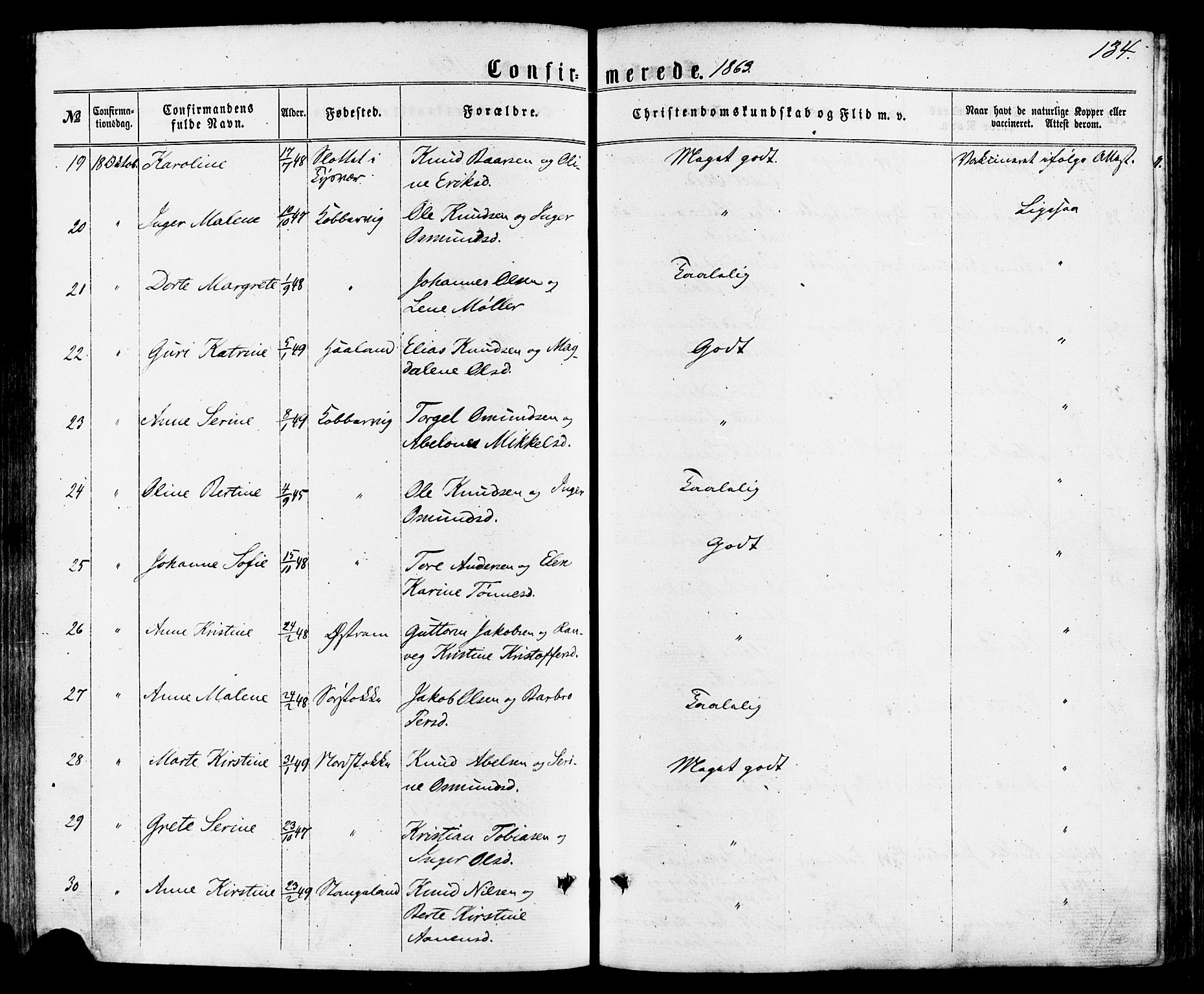 Avaldsnes sokneprestkontor, SAST/A -101851/H/Ha/Haa/L0011: Parish register (official) no. A 11, 1861-1880, p. 134